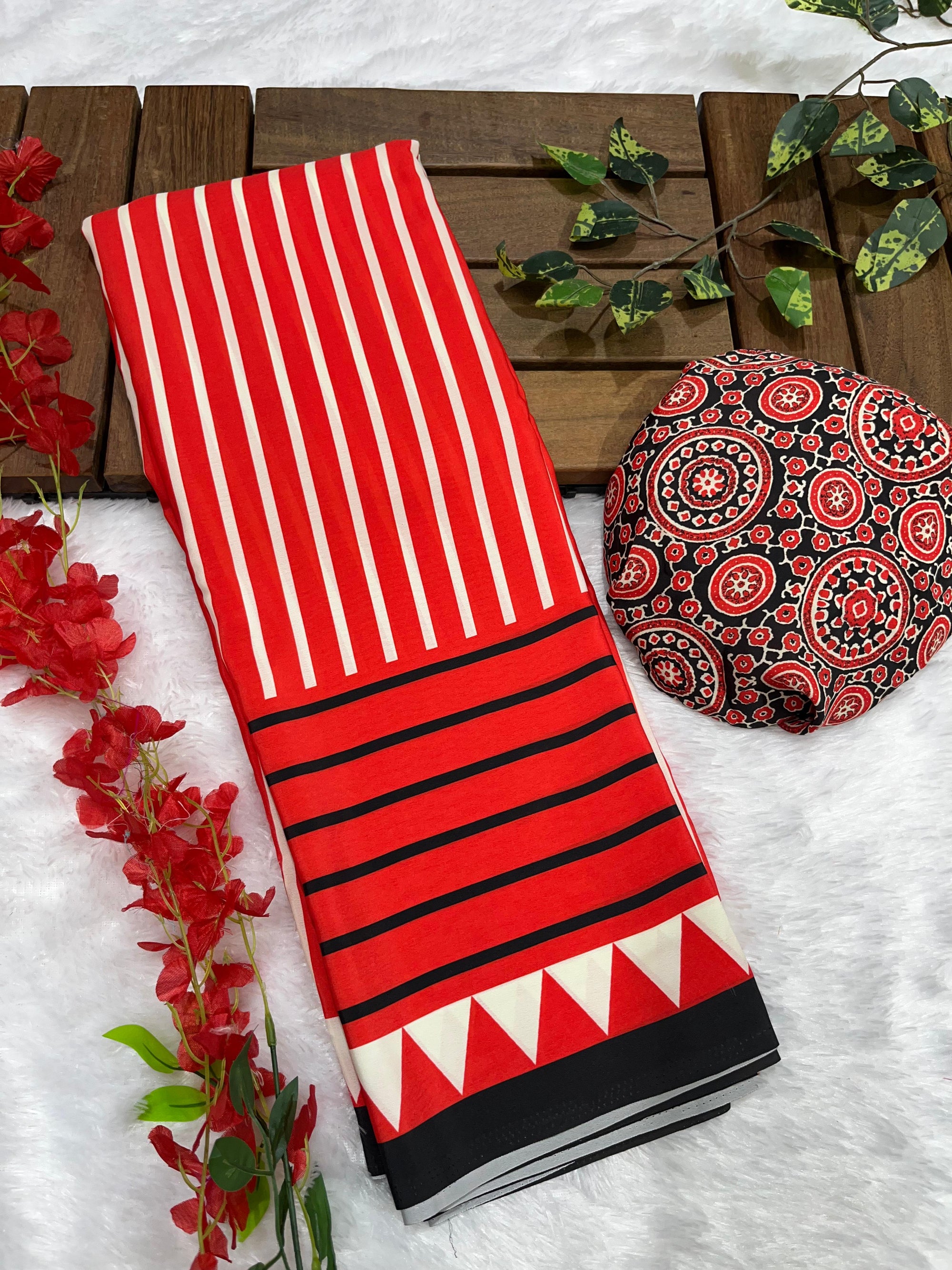 Red Crape Silk Saree with Ajrakh Printed Body & Heavy Ajrakh Blouse
