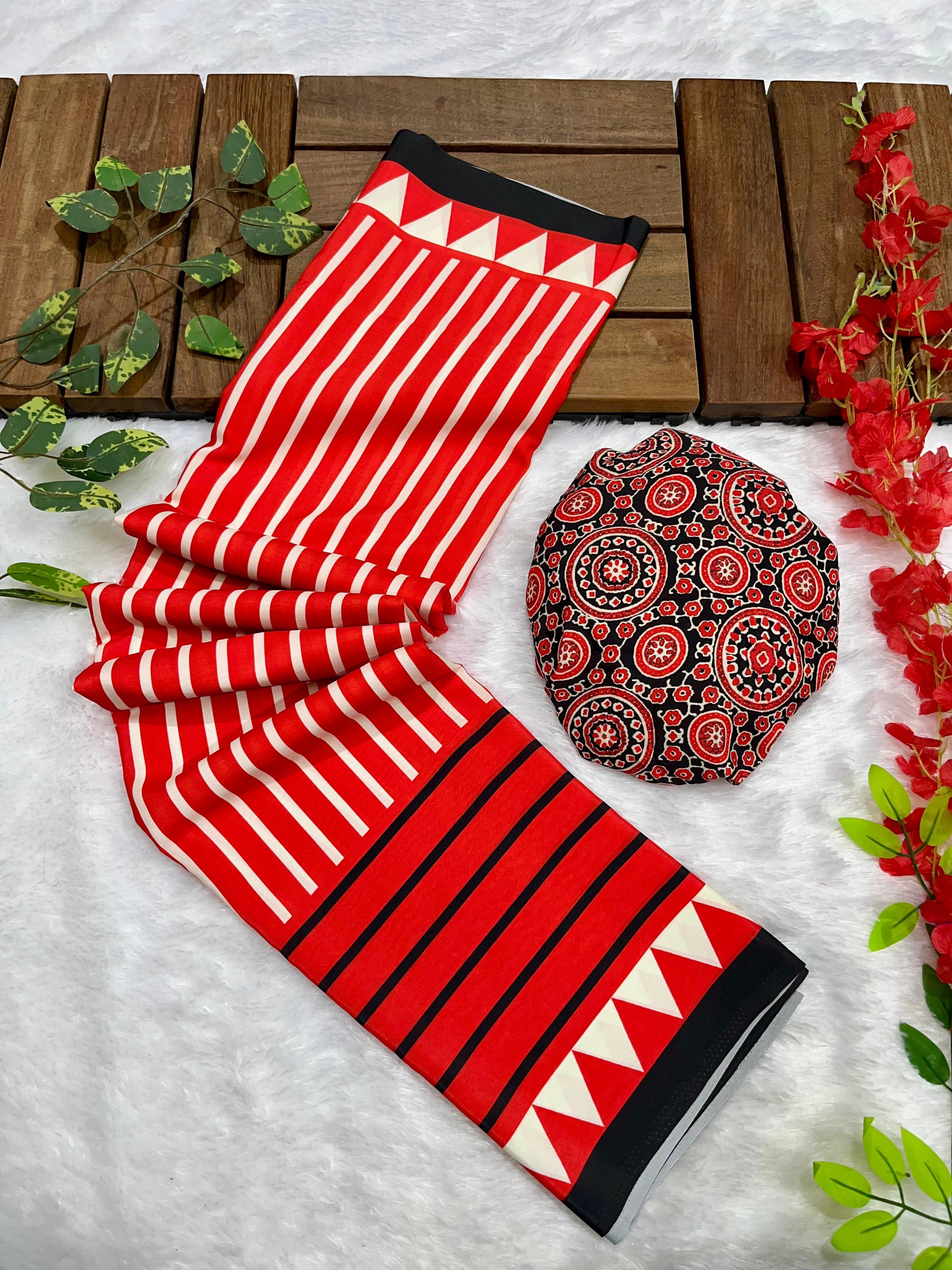 Red Crape Silk Saree with Ajrakh Printed Body & Heavy Ajrakh Blouse