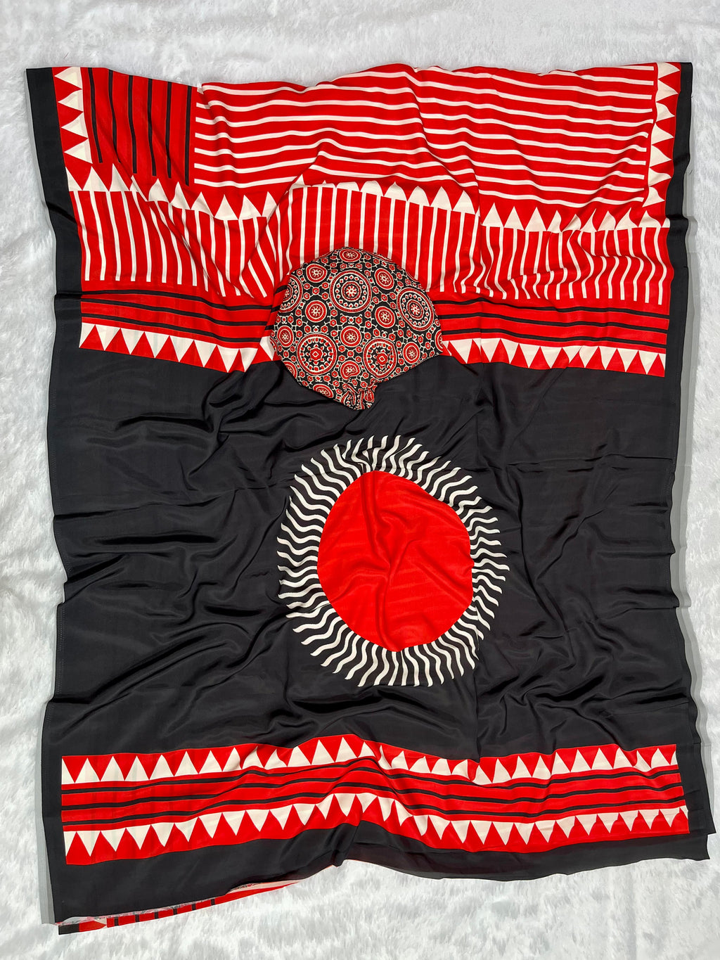 Red Crape Silk Saree with Ajrakh Printed Body & Heavy Ajrakh Blouse