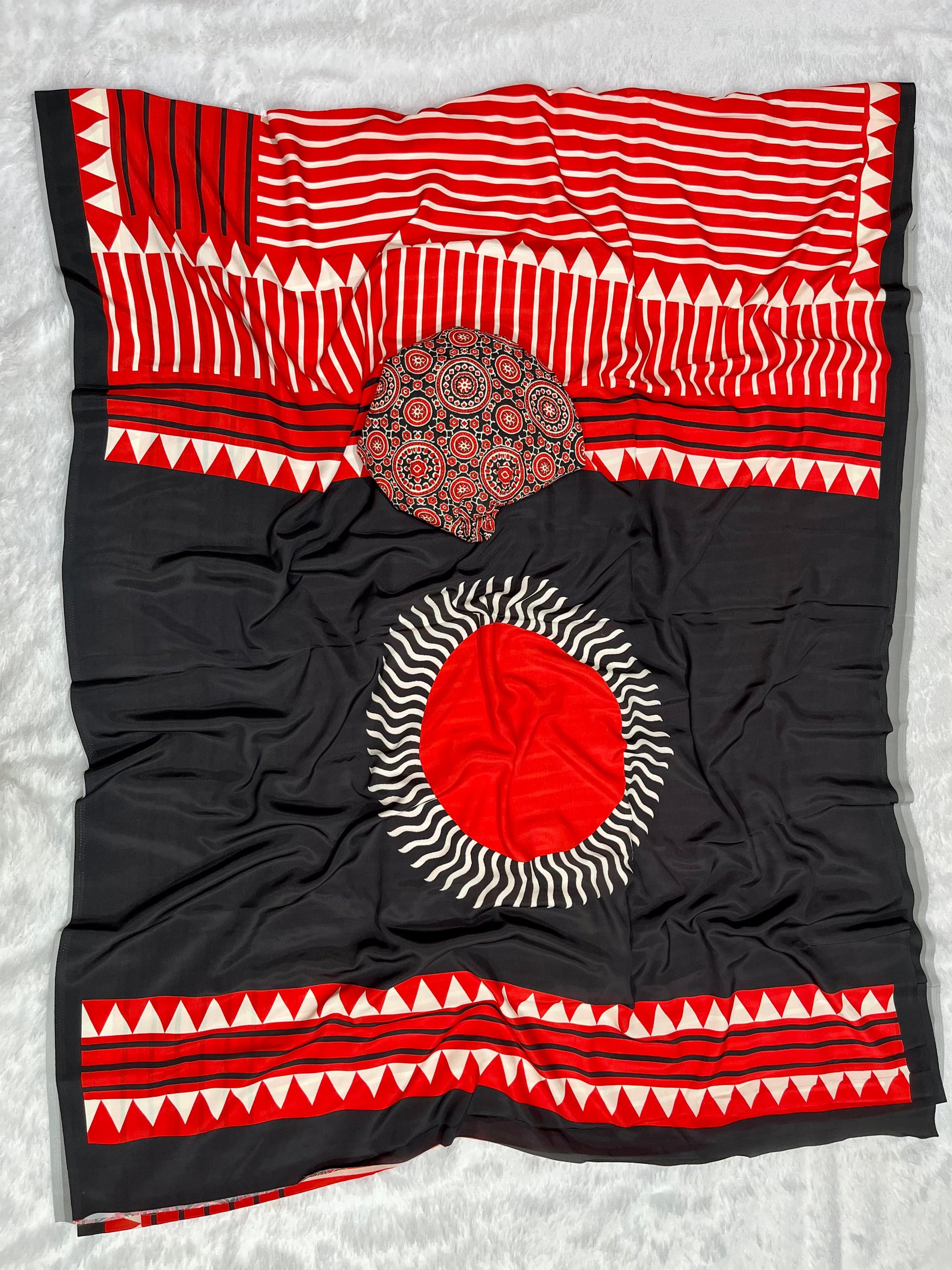Red Crape Silk Saree with Ajrakh Printed Body & Heavy Ajrakh Blouse
