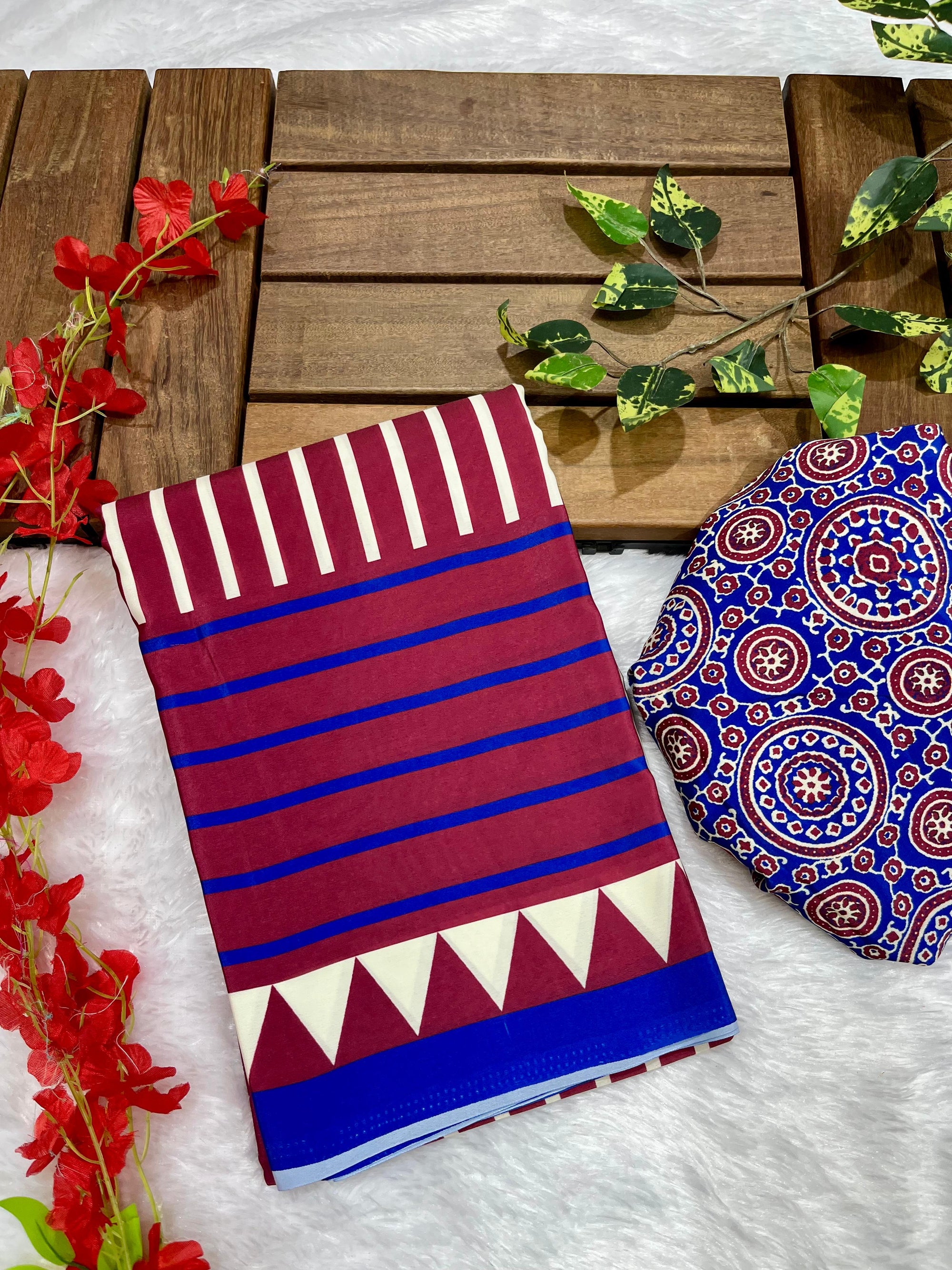 Wine Crape Silk Saree with Ajrakh Printed Body & Heavy Ajrakh Blouse