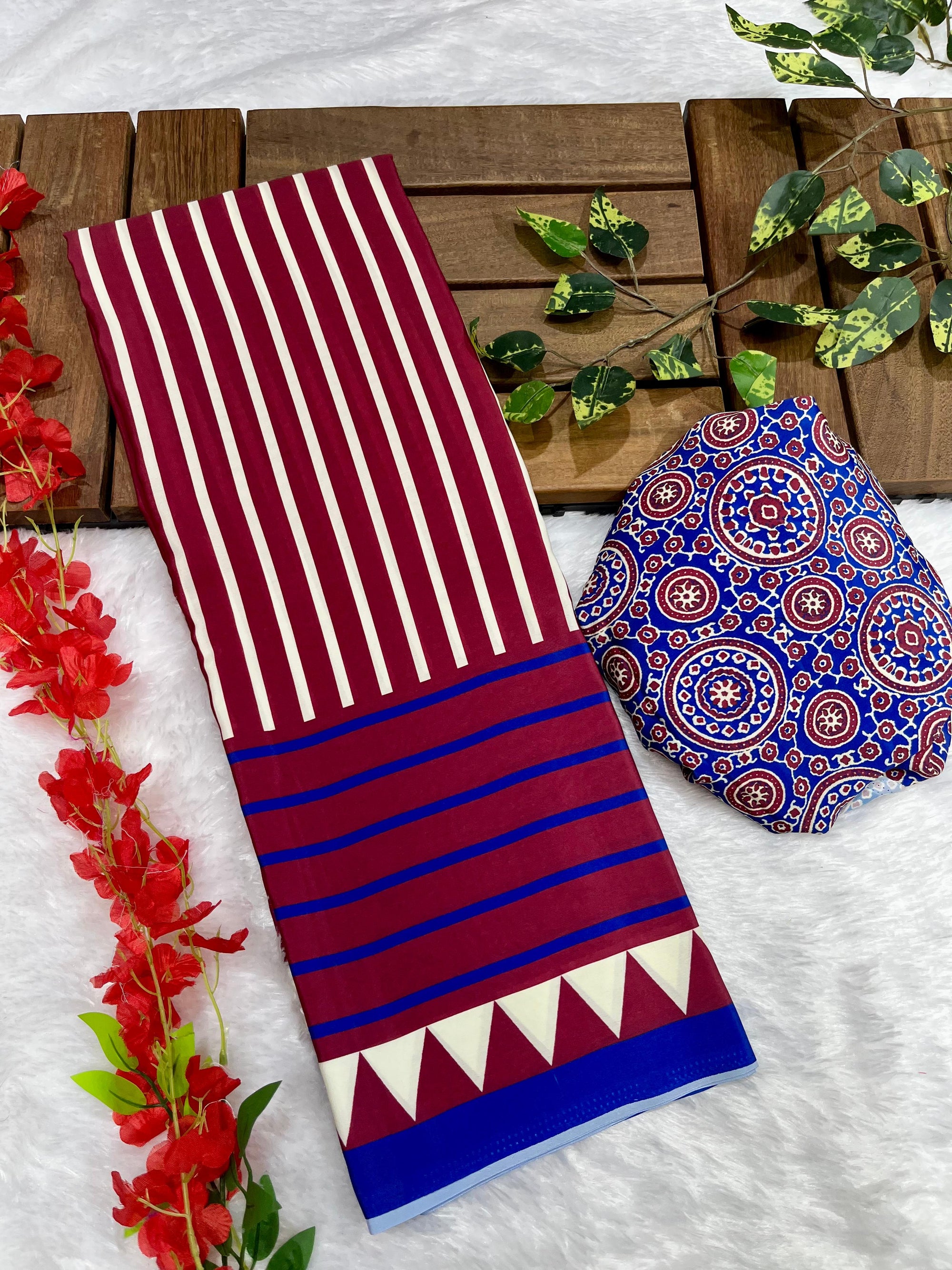 Wine Crape Silk Saree with Ajrakh Printed Body & Heavy Ajrakh Blouse