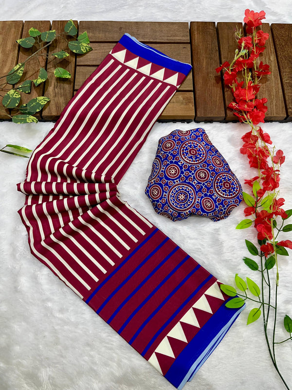 Wine Crape Silk Saree with Ajrakh Printed Body & Heavy Ajrakh Blouse