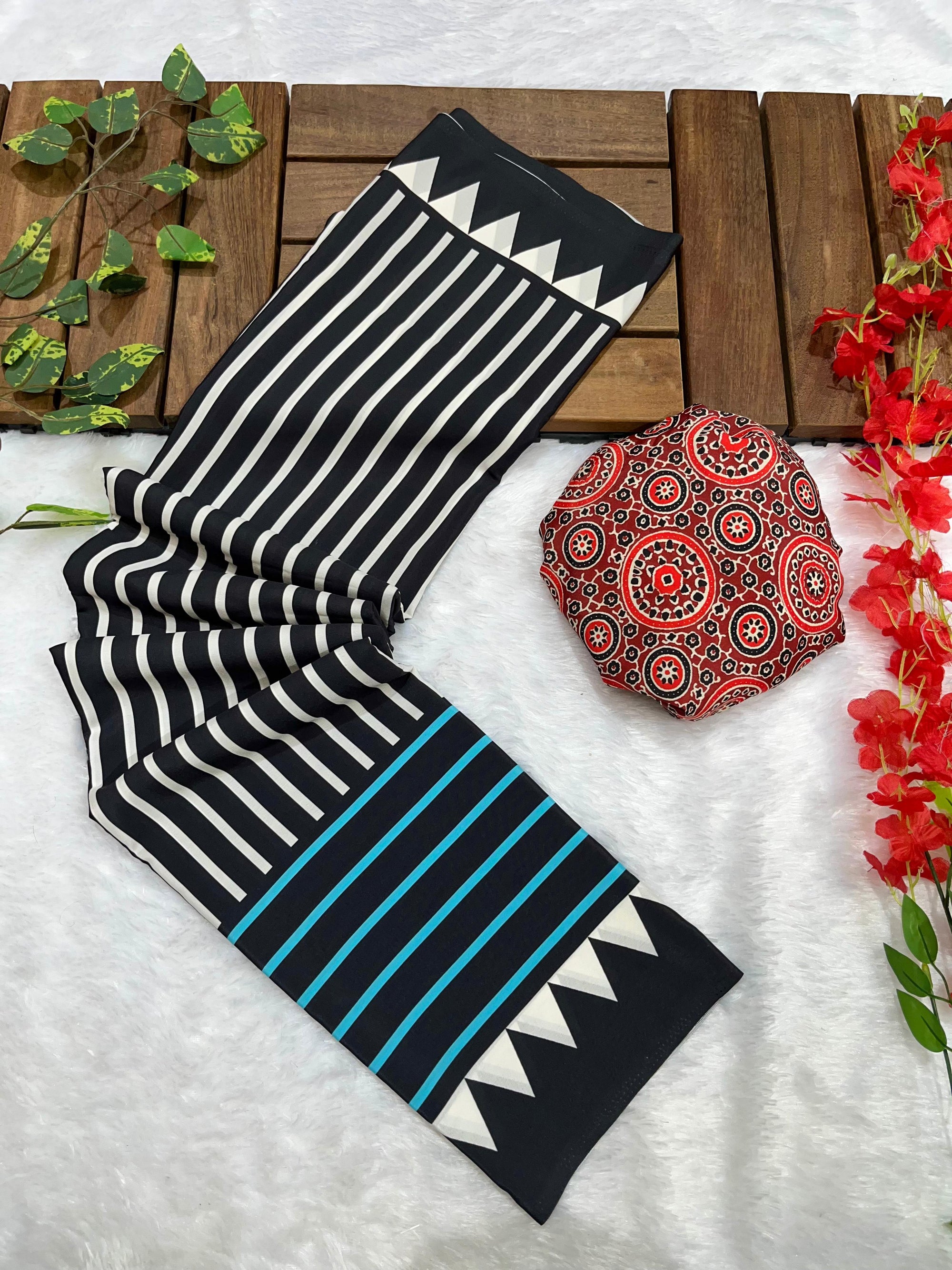 Black Crape Silk Saree with Ajrakh Printed Body & Heavy Ajrakh Blouse