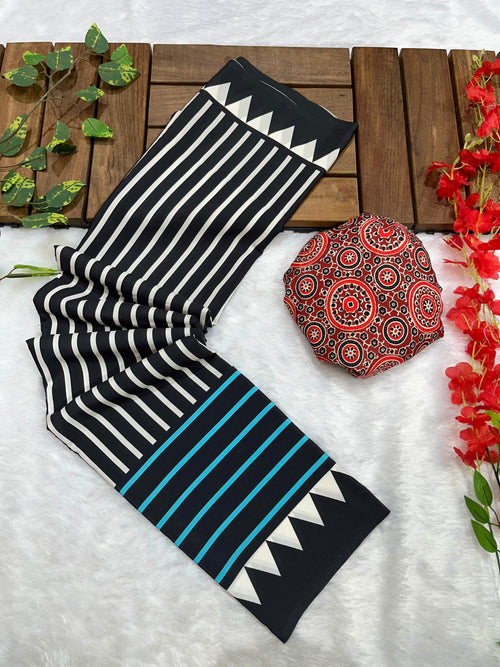 Black Crape Silk Saree with Ajrakh Printed Body & Heavy Ajrakh Blouse