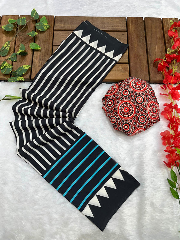 Black Crape Silk Saree with Ajrakh Printed Body & Heavy Ajrakh Blouse
