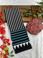 Black Crape Silk Saree with Ajrakh Printed Body & Heavy Ajrakh Blouse
