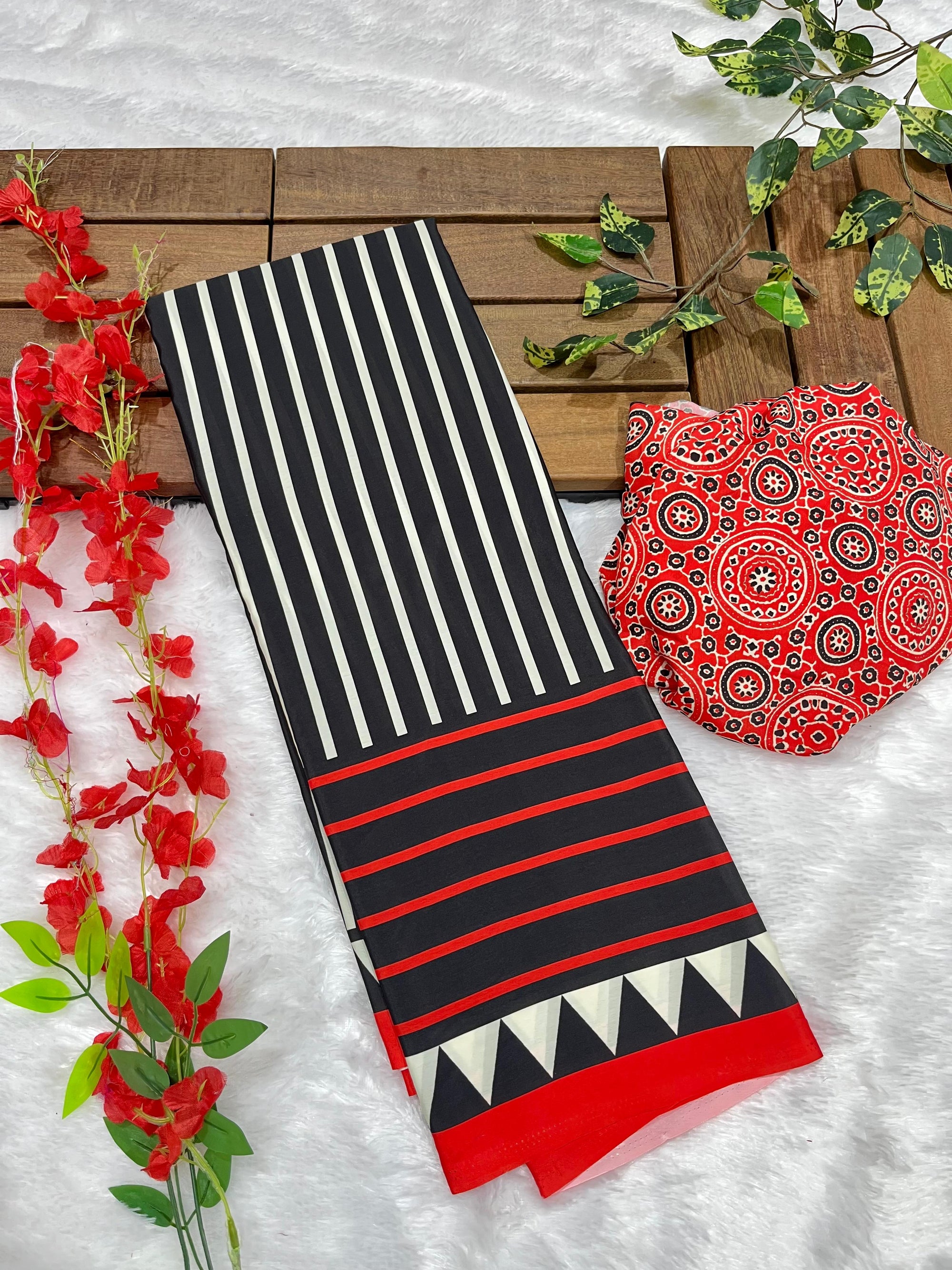 Black Crape Silk Saree with Ajrakh Printed Body & Heavy Ajrakh Blouse