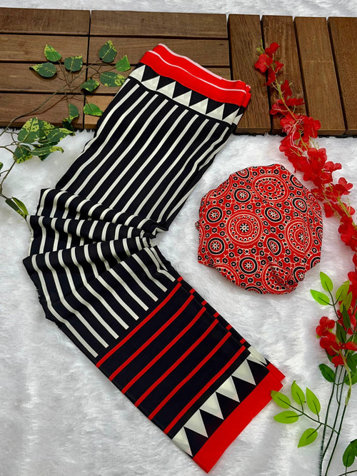 Black Crape Silk Saree with Ajrakh Printed Body & Heavy Ajrakh Blouse