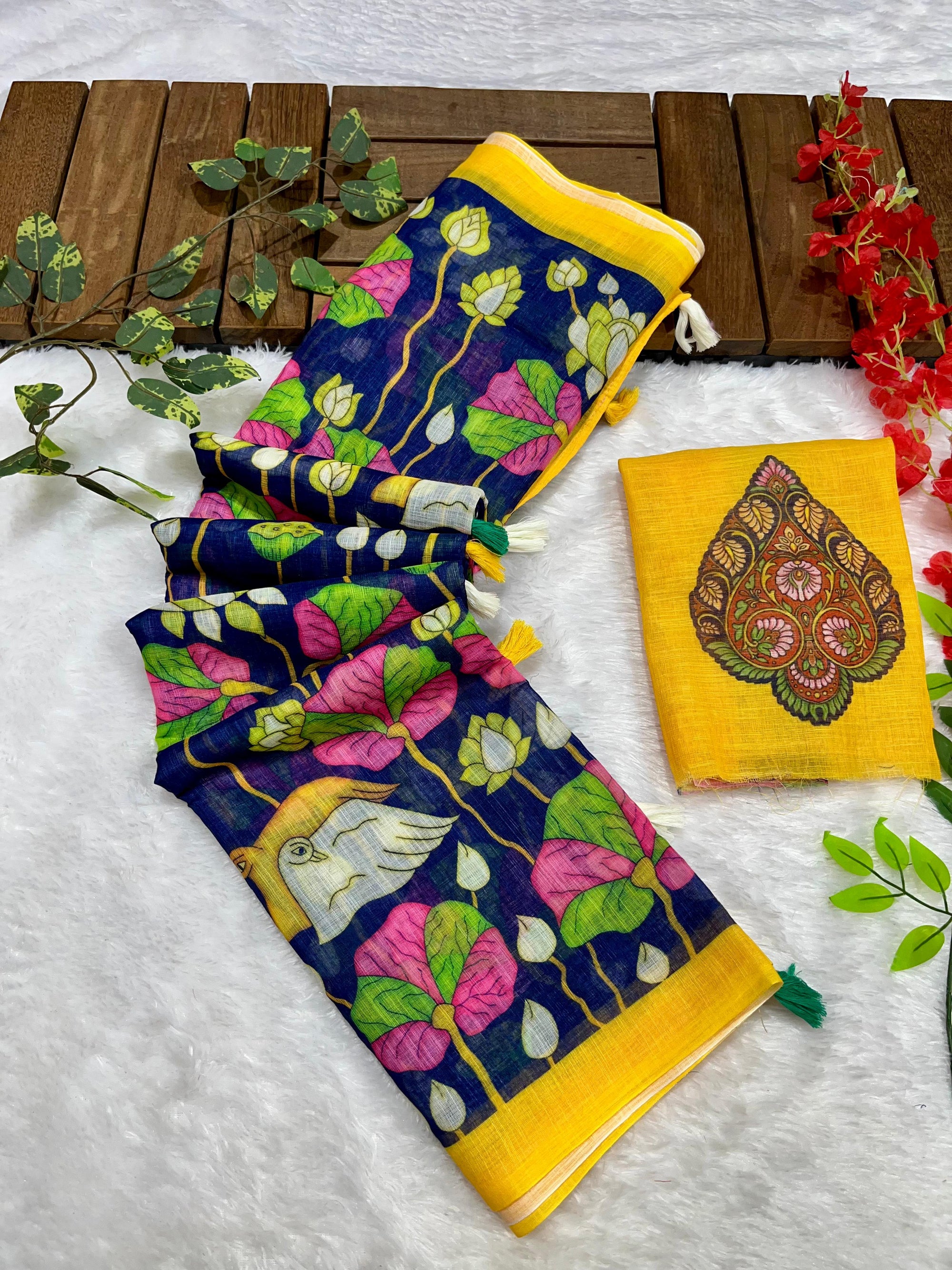 Navy Blue Linen Cotton Saree with Kalamkari Digital Prints & Designer Blouse