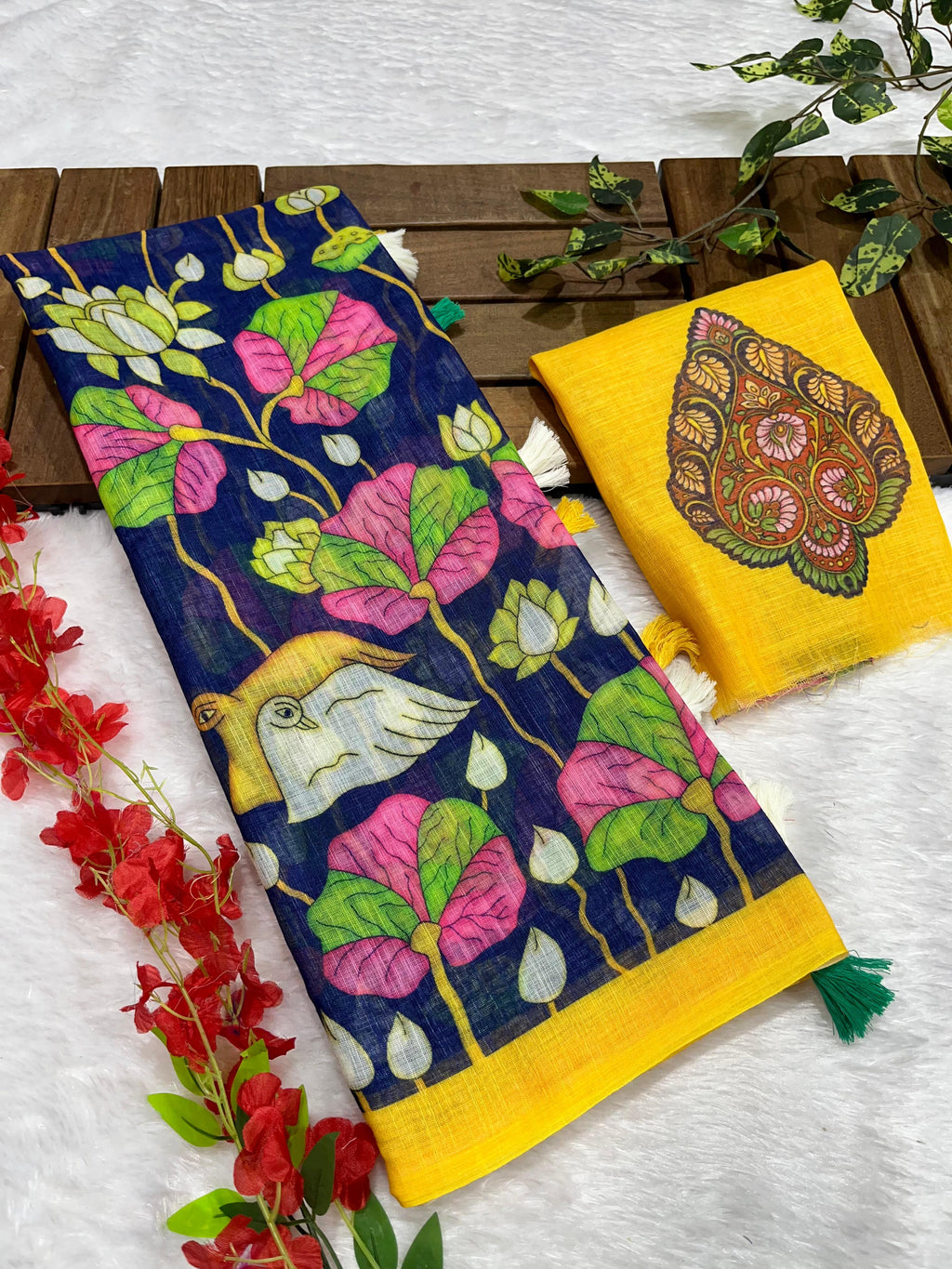 Navy Blue Linen Cotton Saree with Kalamkari Digital Prints & Designer Blouse