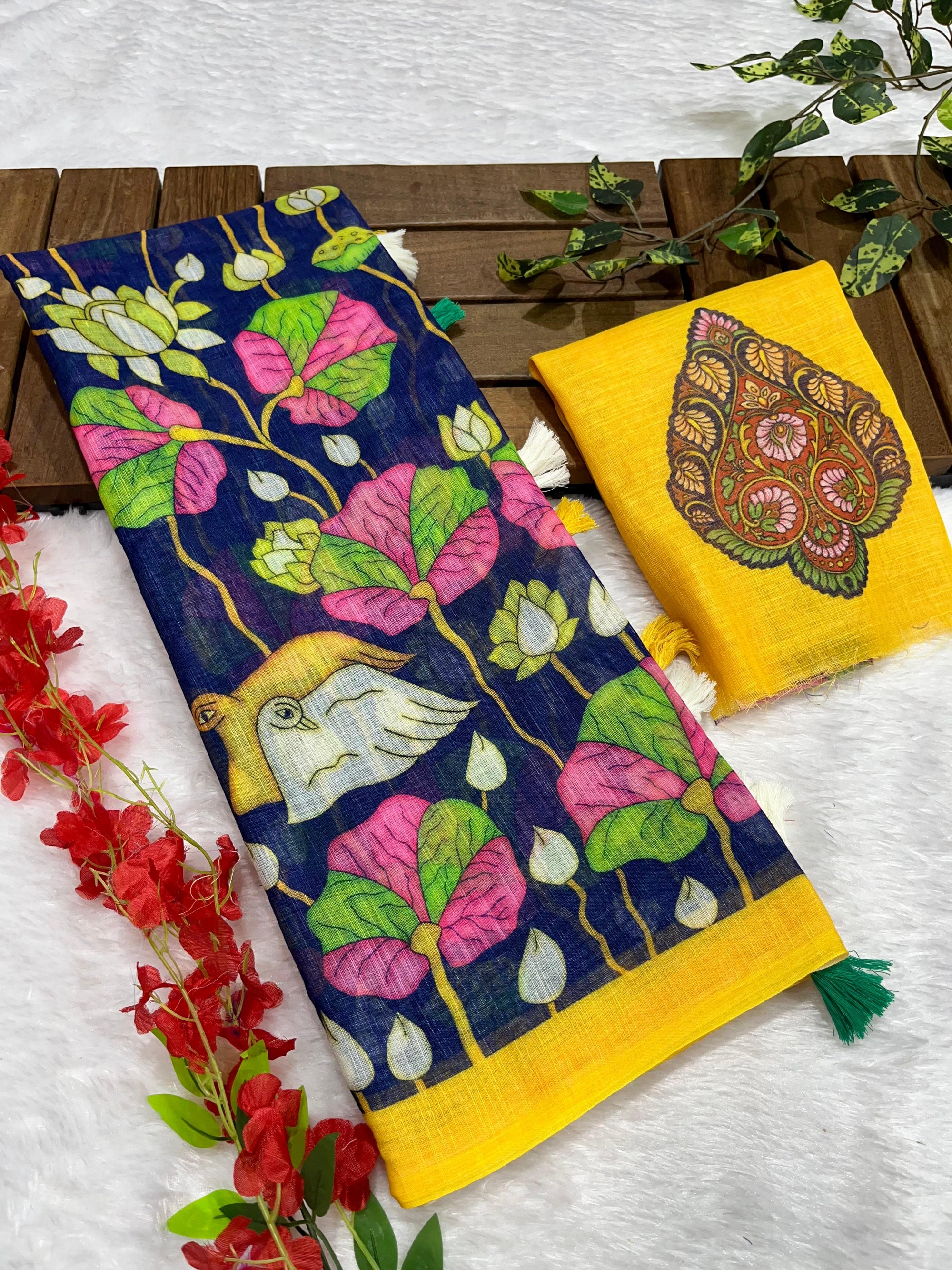 Navy Blue Linen Cotton Saree with Kalamkari Digital Prints & Designer Blouse