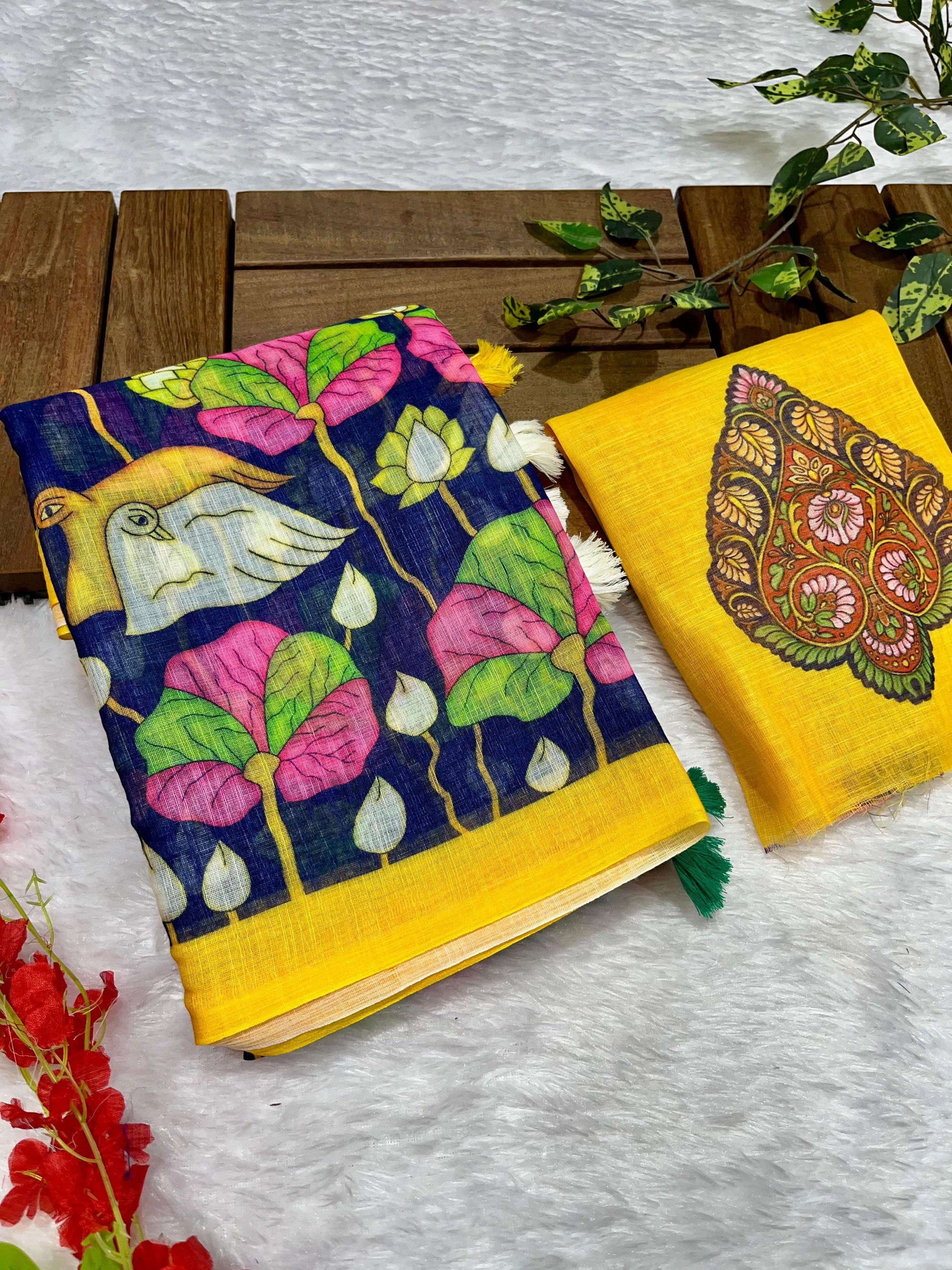Navy Blue Linen Cotton Saree with Kalamkari Digital Prints & Designer Blouse