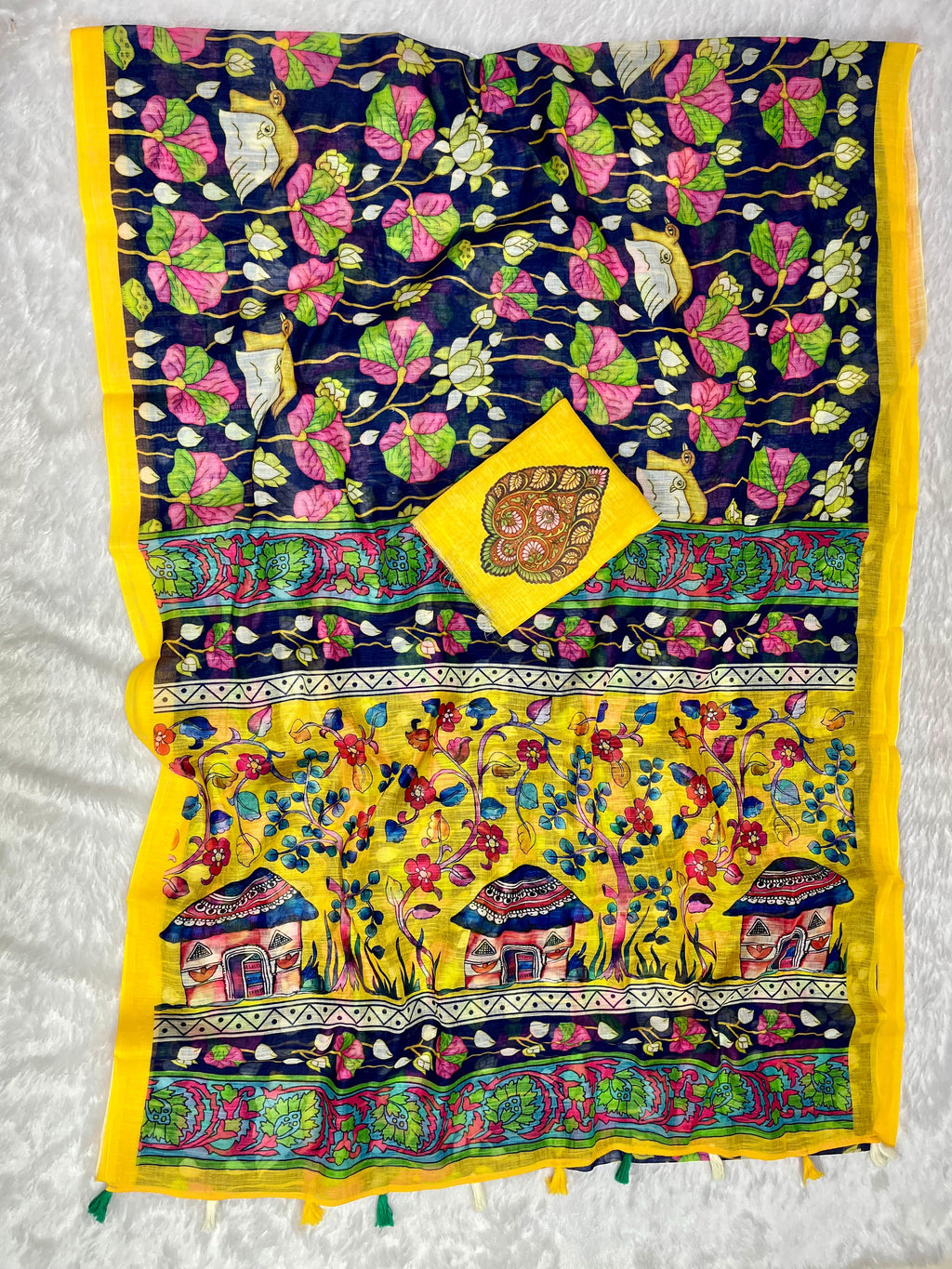 Navy Blue Linen Cotton Saree with Kalamkari Digital Prints & Designer Blouse