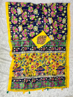 Navy Blue Linen Cotton Saree with Kalamkari Digital Prints & Designer Blouse