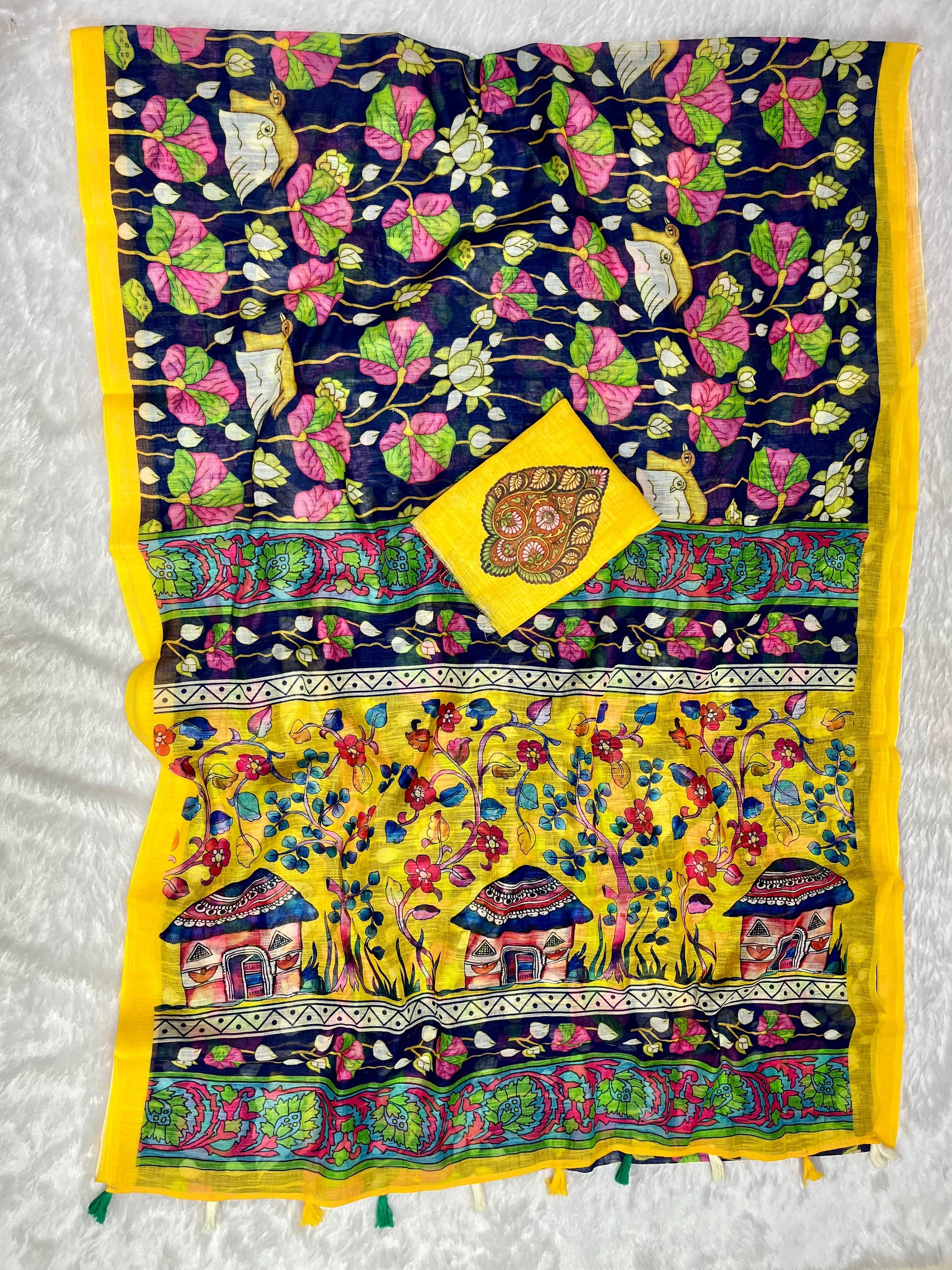 Navy Blue Linen Cotton Saree with Kalamkari Digital Prints & Designer Blouse