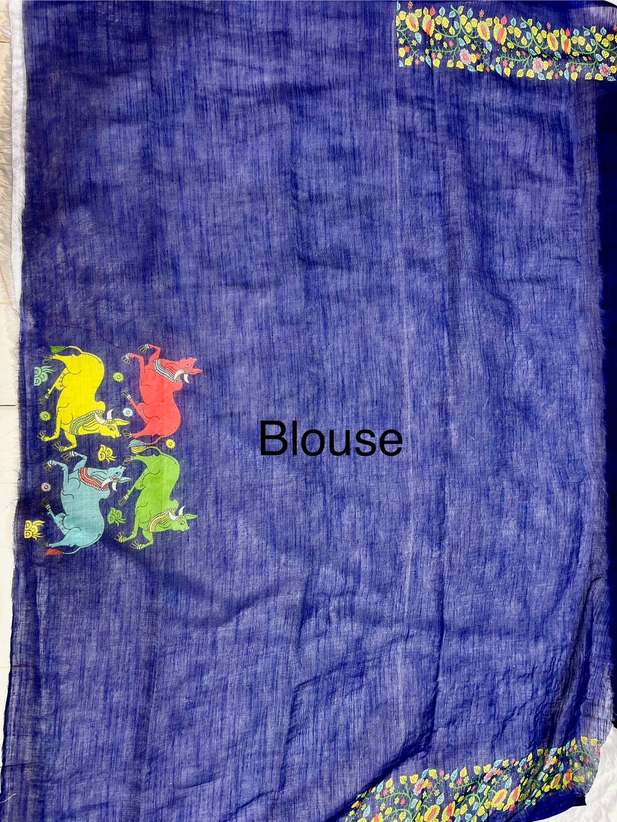 Cream Linen Cotton Saree with Kalamkari Digital Prints & Designer Blouse
