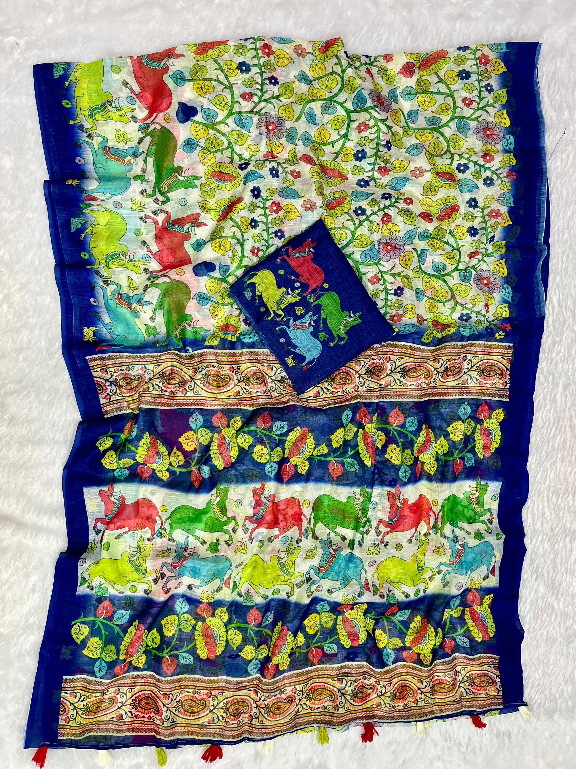 Cream Linen Cotton Saree with Kalamkari Digital Prints & Designer Blouse