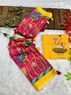 Hot Pink Linen Cotton Saree with Kalamkari Digital Prints & Designer Blouse