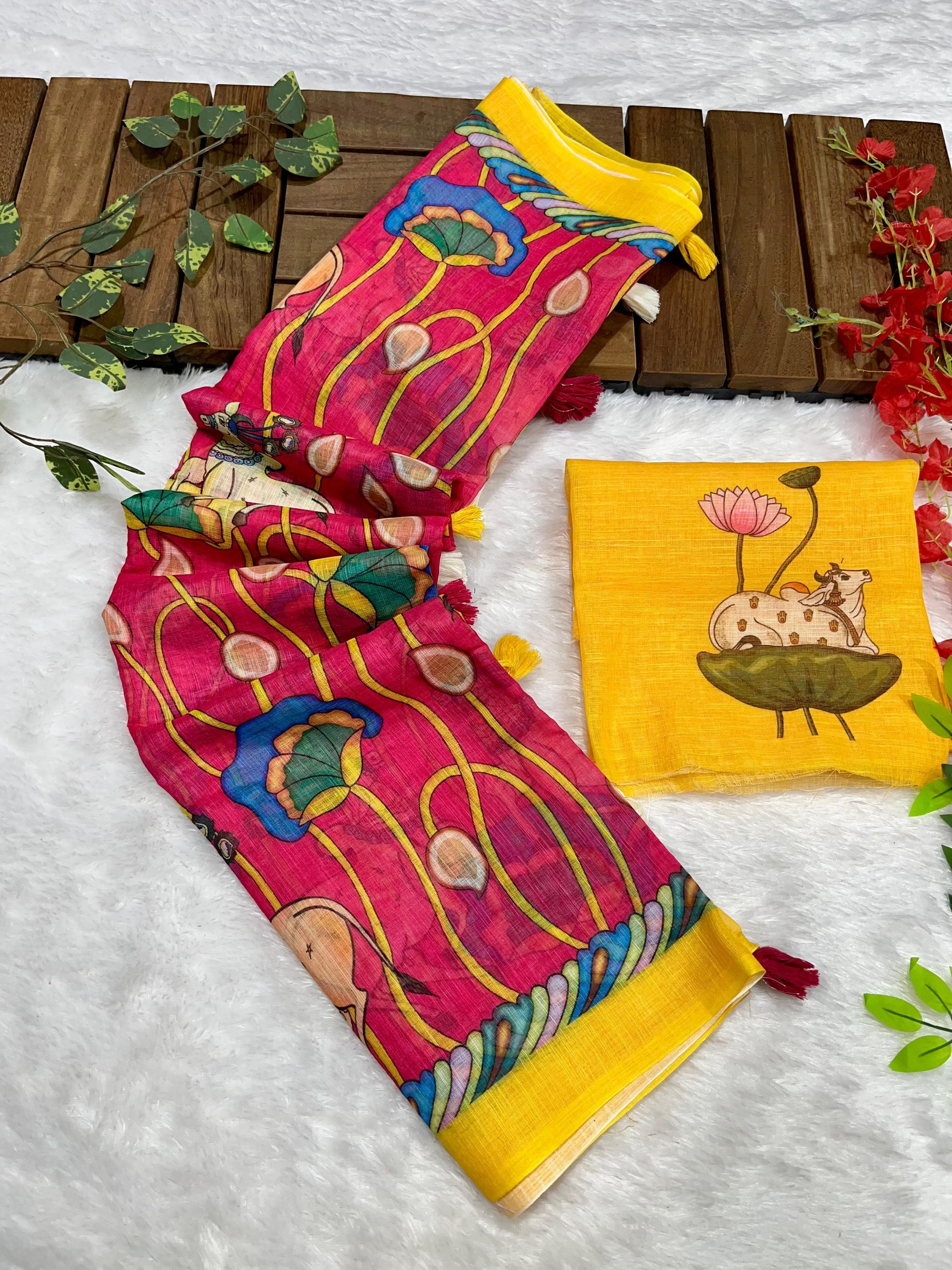 Hot Pink Linen Cotton Saree with Kalamkari Digital Prints & Designer Blouse