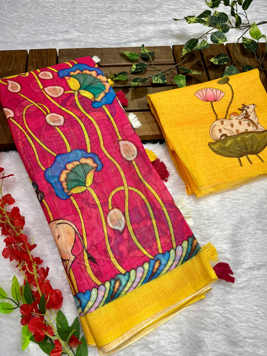 Hot Pink Linen Cotton Saree with Kalamkari Digital Prints & Designer Blouse