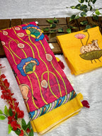 Hot Pink Linen Cotton Saree with Kalamkari Digital Prints & Designer Blouse