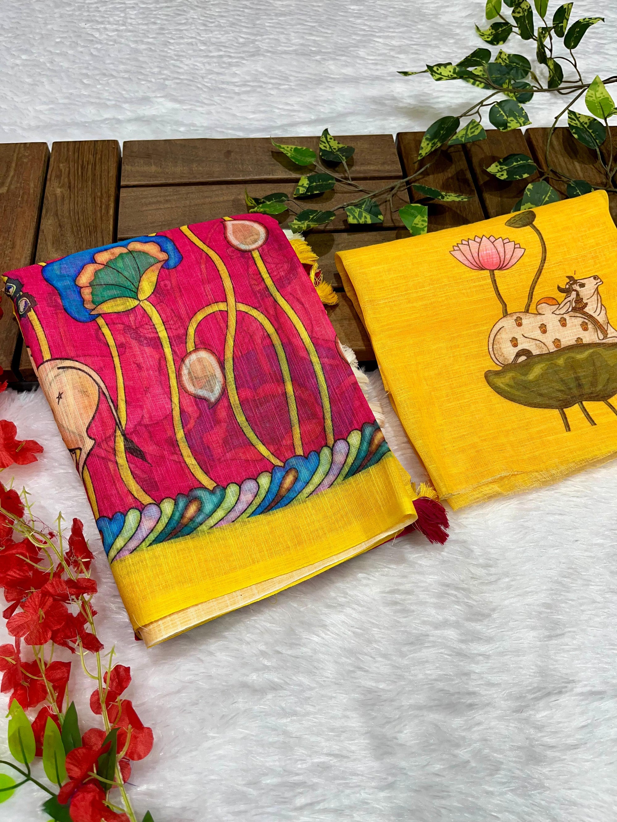 Hot Pink Linen Cotton Saree with Kalamkari Digital Prints & Designer Blouse