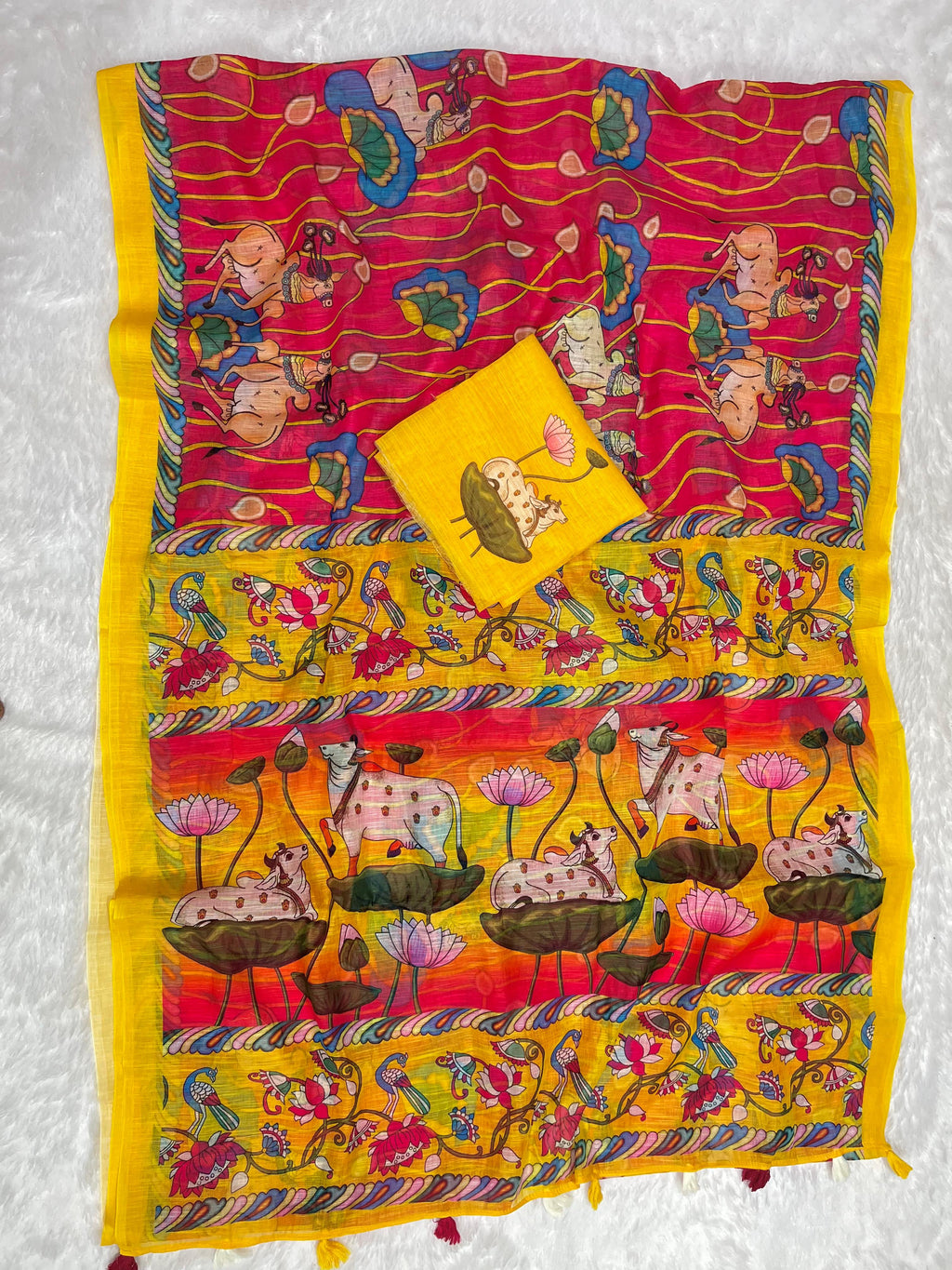 Hot Pink Linen Cotton Saree with Kalamkari Digital Prints & Designer Blouse