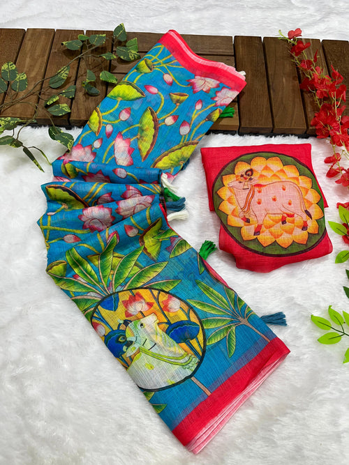 Blue Linen Cotton Saree with Kalamkari Digital Prints & Designer Blouse