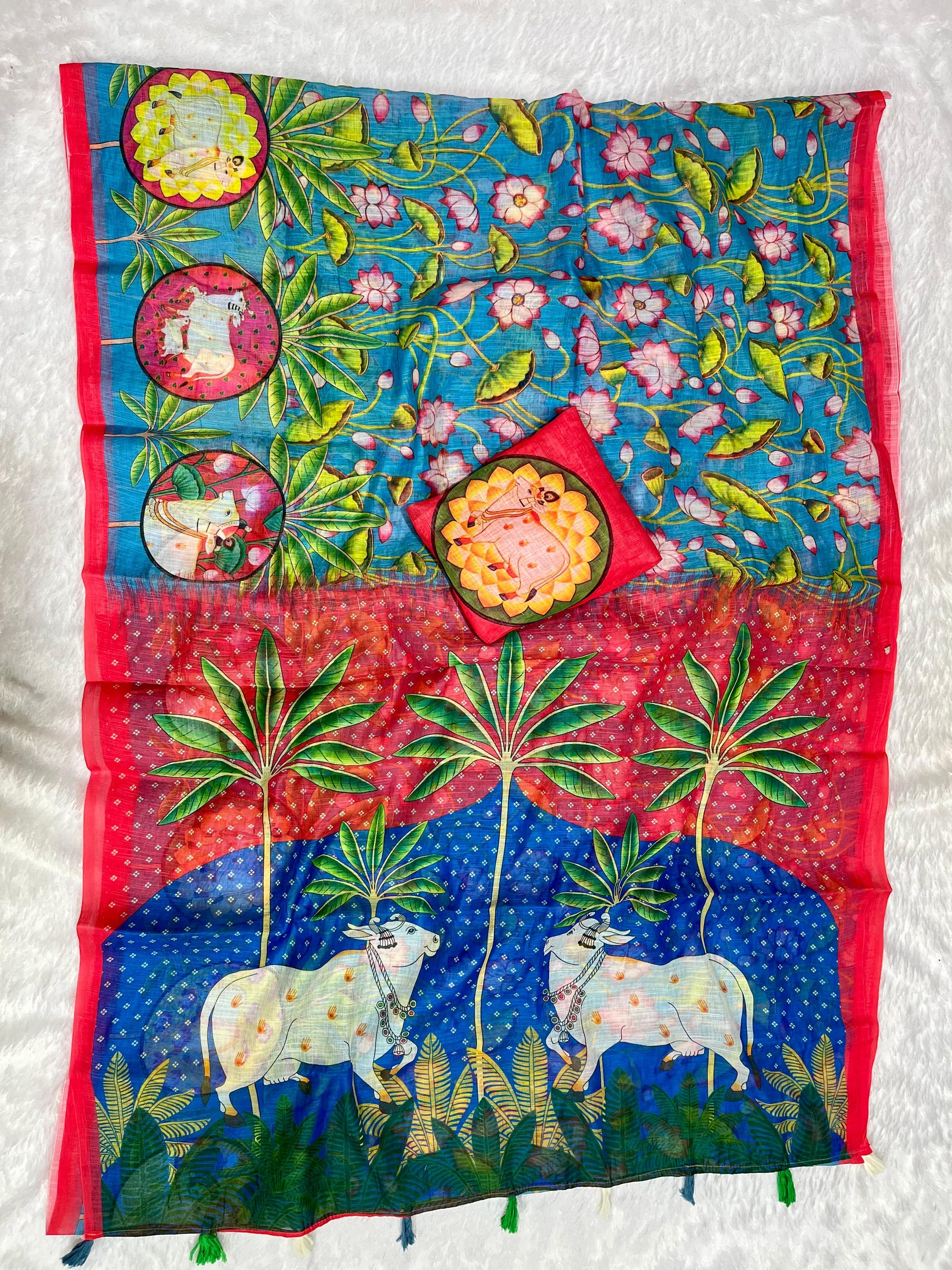 Blue Linen Cotton Saree with Kalamkari Digital Prints & Designer Blouse