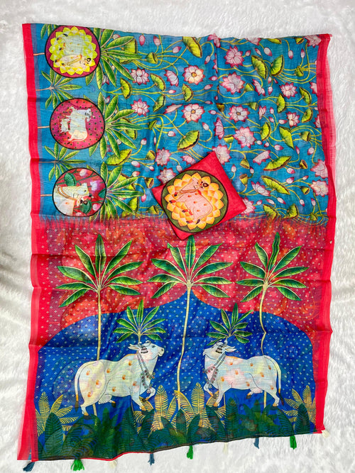 Blue Linen Cotton Saree with Kalamkari Digital Prints & Designer Blouse