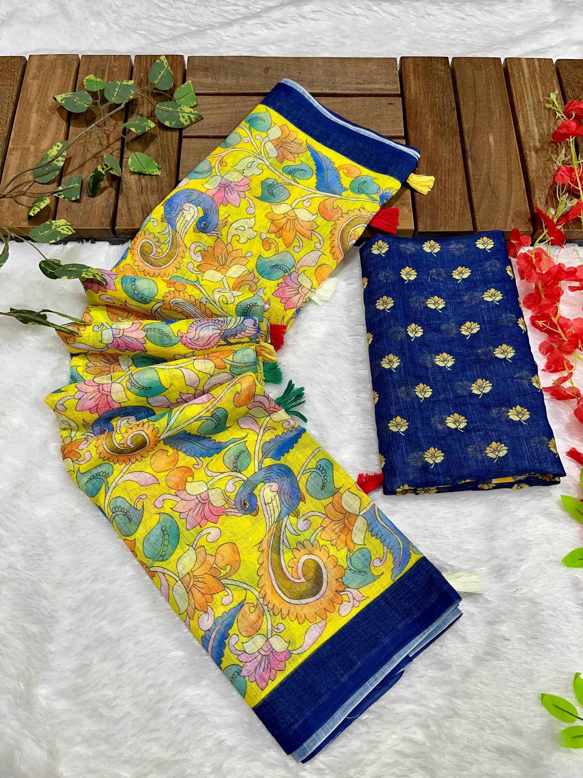 Yellow Linen Cotton Saree with Kalamkari Digital Prints & Designer Blouse