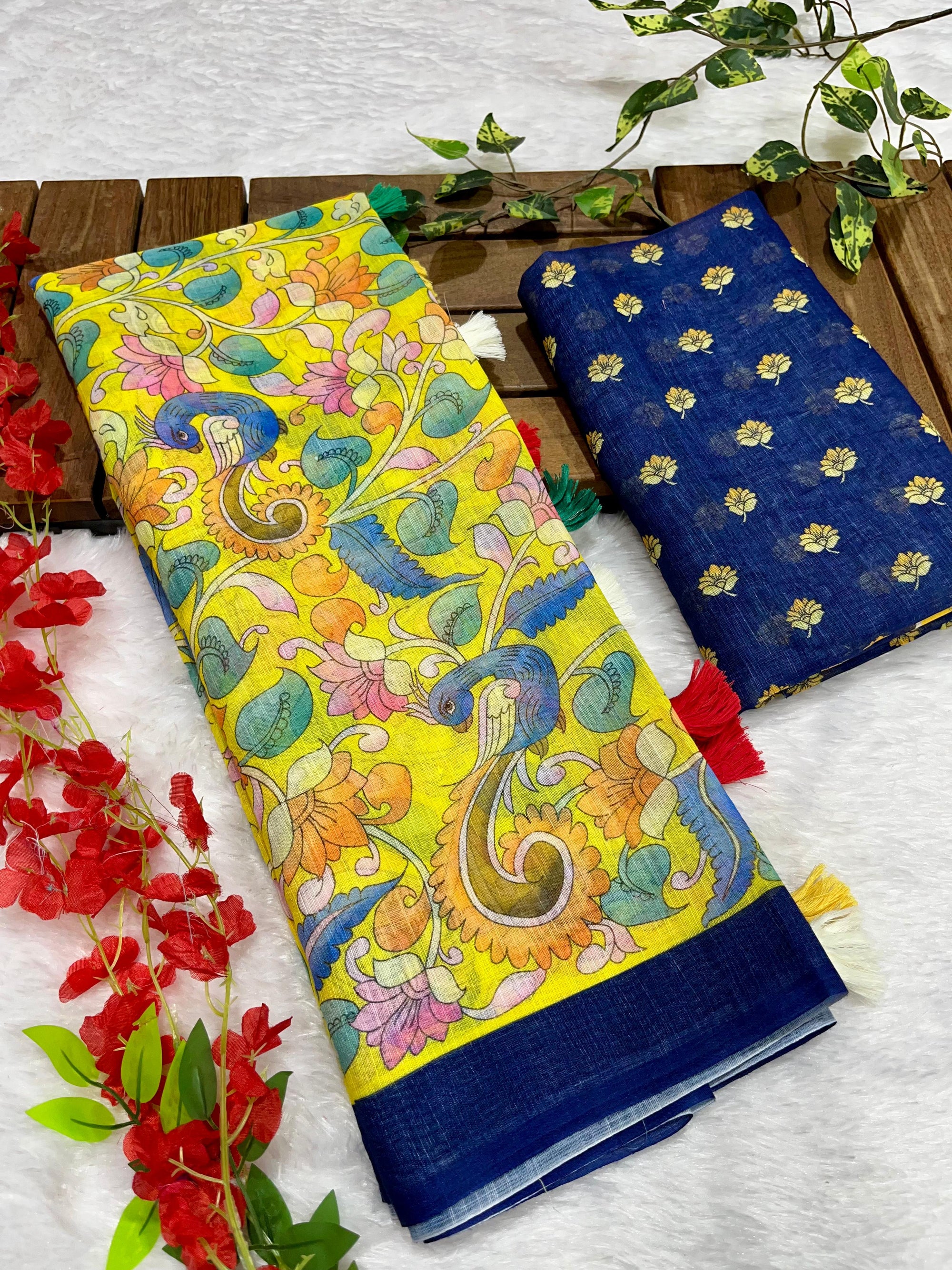 Yellow Linen Cotton Saree with Kalamkari Digital Prints & Designer Blouse