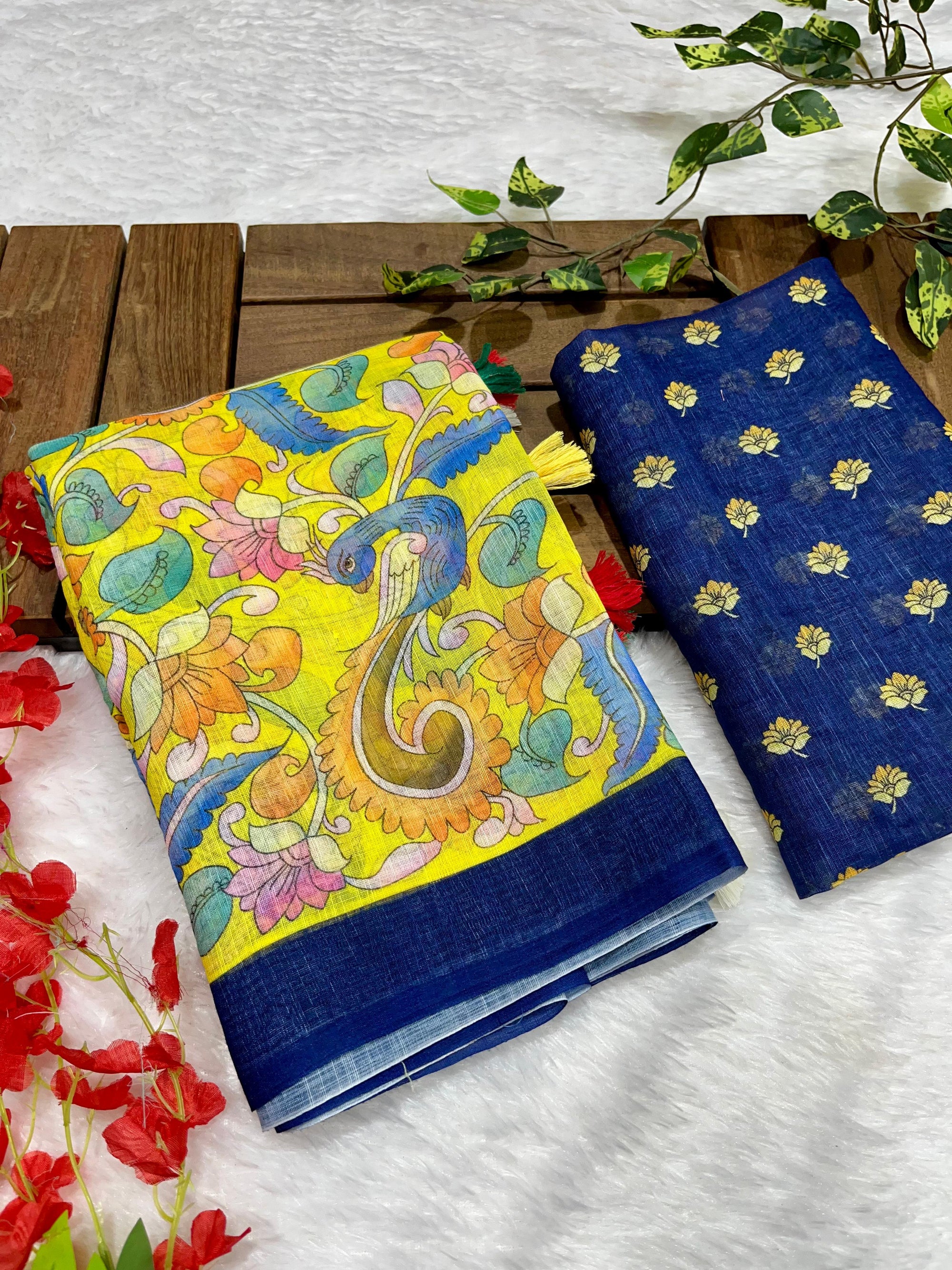 Yellow Linen Cotton Saree with Kalamkari Digital Prints & Designer Blouse