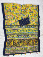 Yellow Linen Cotton Saree with Kalamkari Digital Prints & Designer Blouse