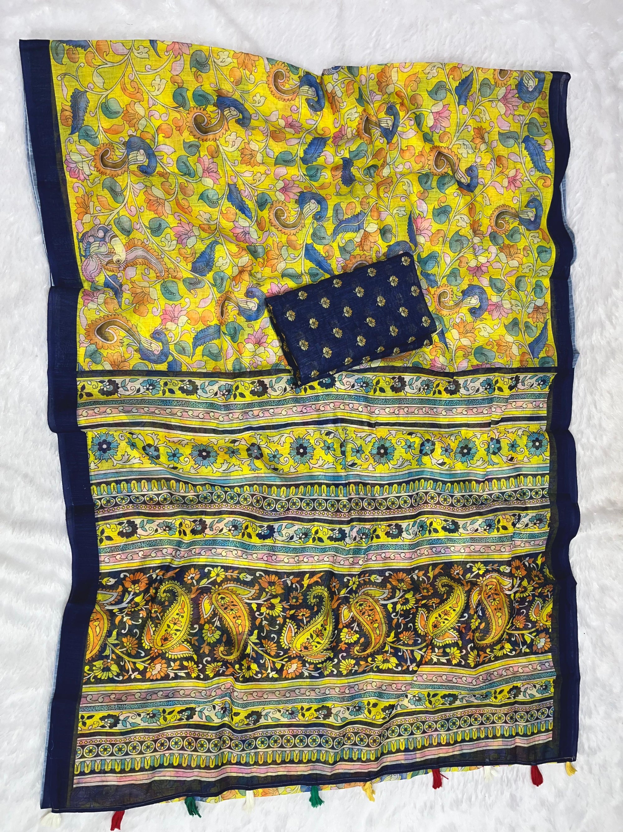 Yellow Linen Cotton Saree with Kalamkari Digital Prints & Designer Blouse