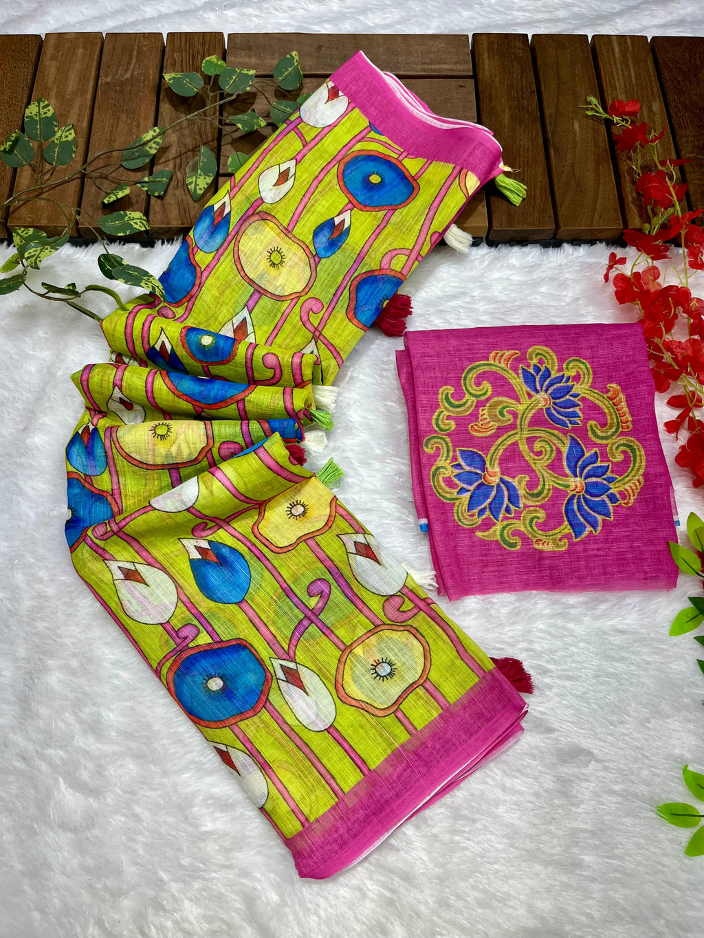 Green Linen Cotton Saree with Kalamkari Digital Prints & Designer Blouse
