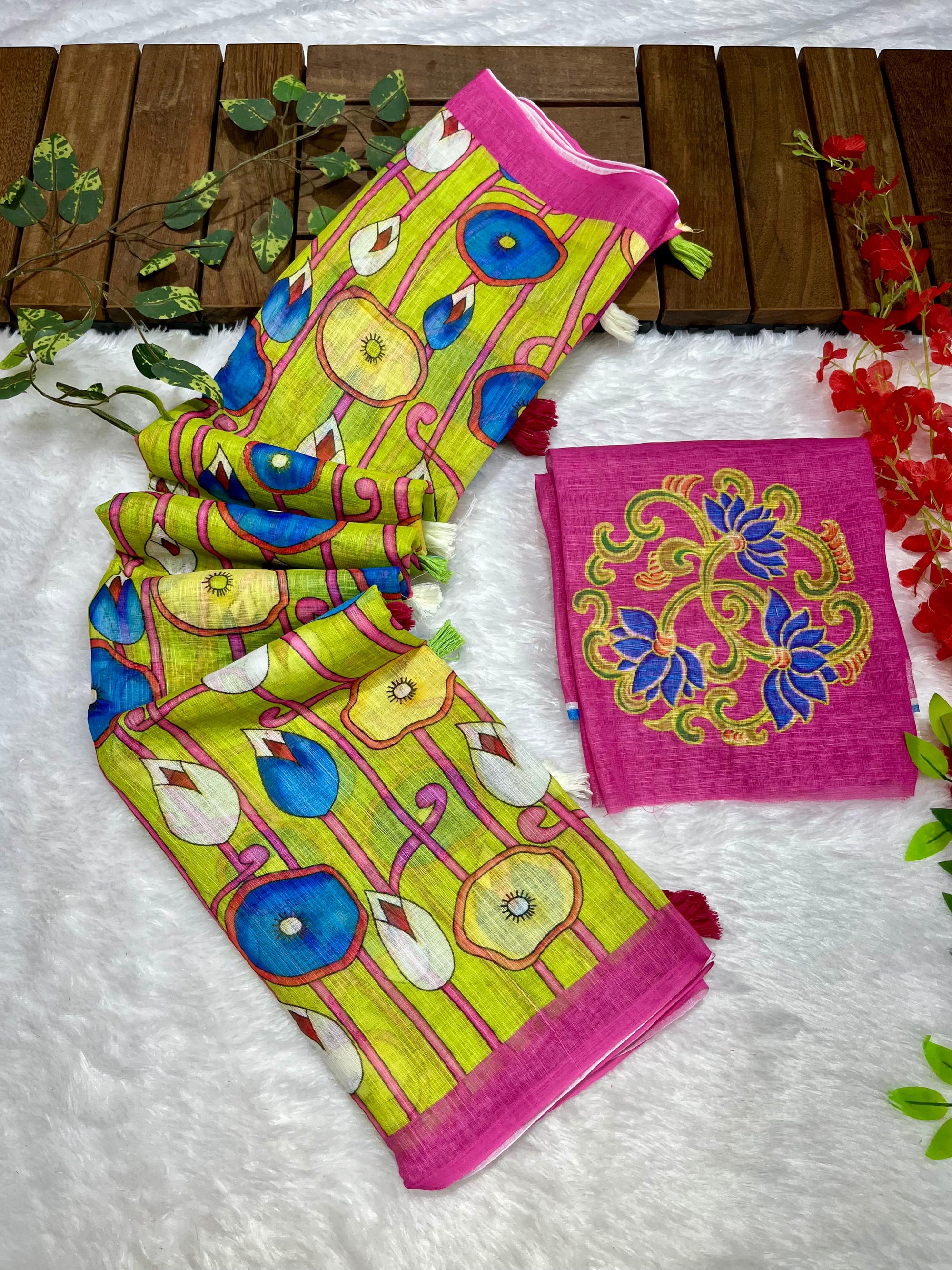 Green Linen Cotton Saree with Kalamkari Digital Prints & Designer Blouse