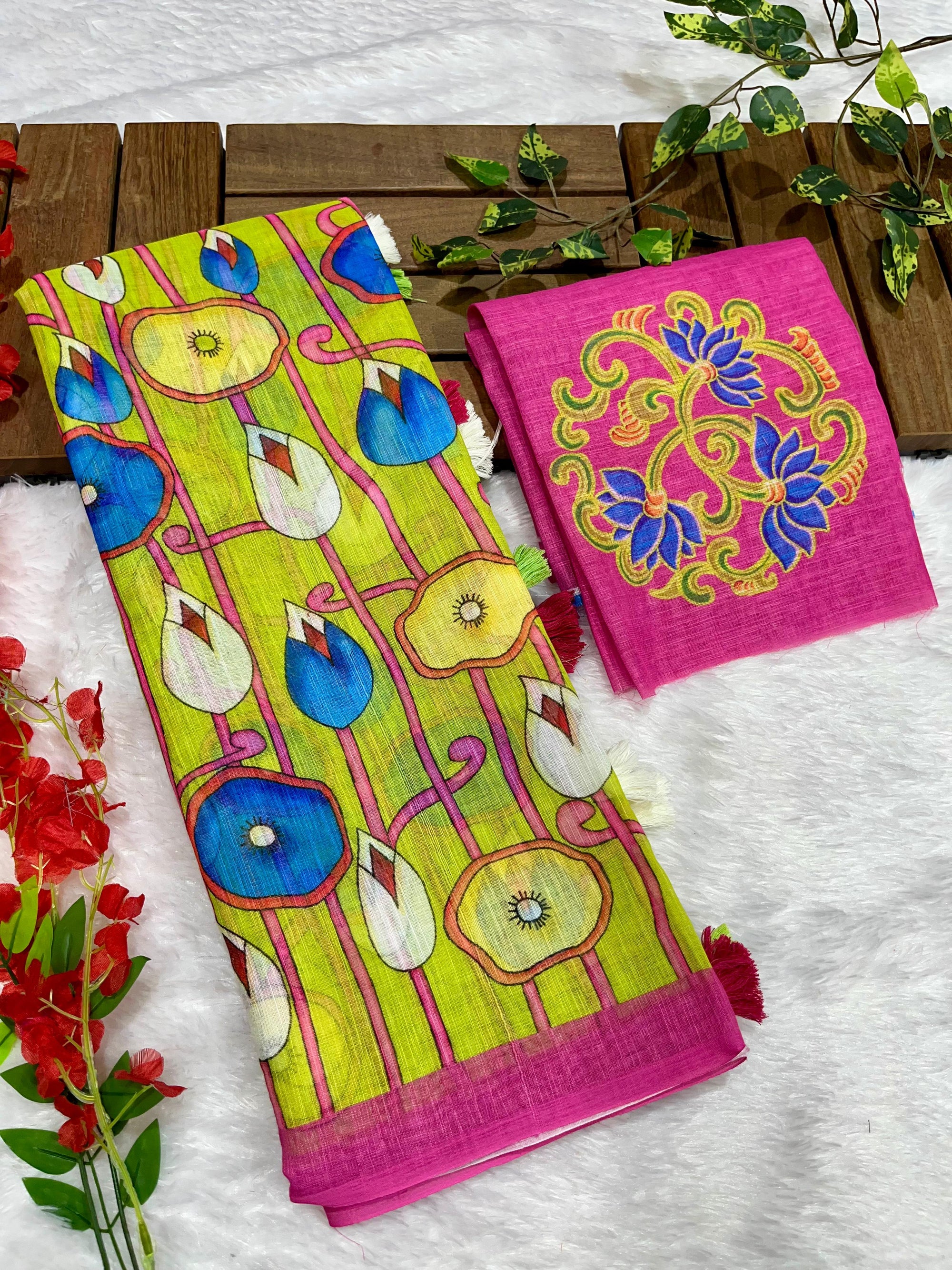 Green Linen Cotton Saree with Kalamkari Digital Prints & Designer Blouse