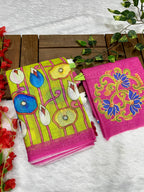Green Linen Cotton Saree with Kalamkari Digital Prints & Designer Blouse