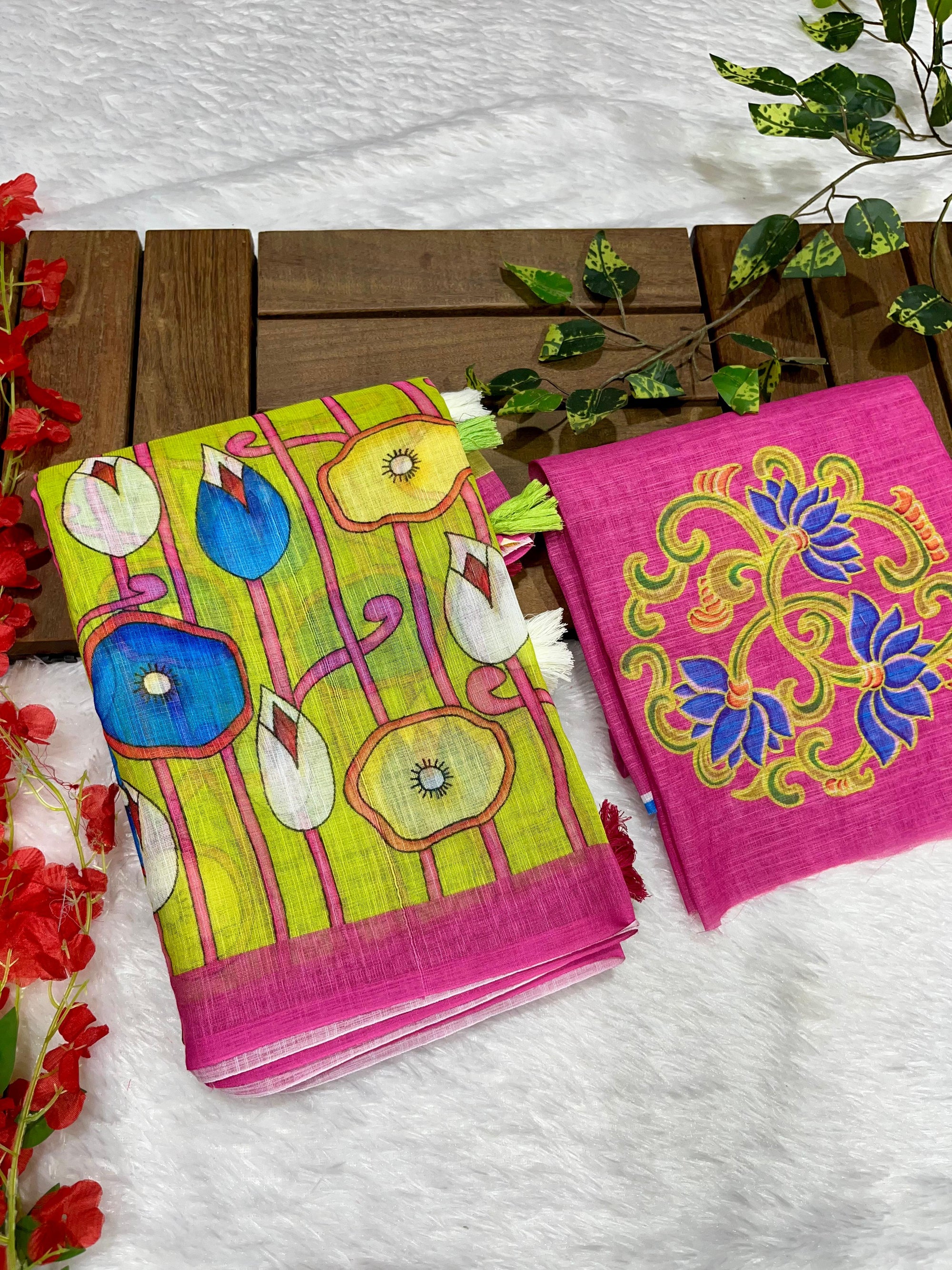 Green Linen Cotton Saree with Kalamkari Digital Prints & Designer Blouse