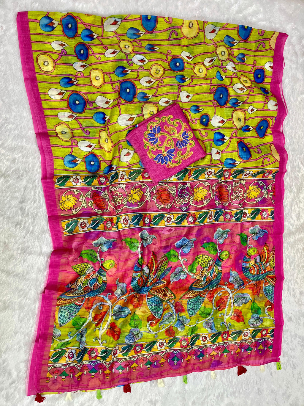 Green Linen Cotton Saree with Kalamkari Digital Prints & Designer Blouse