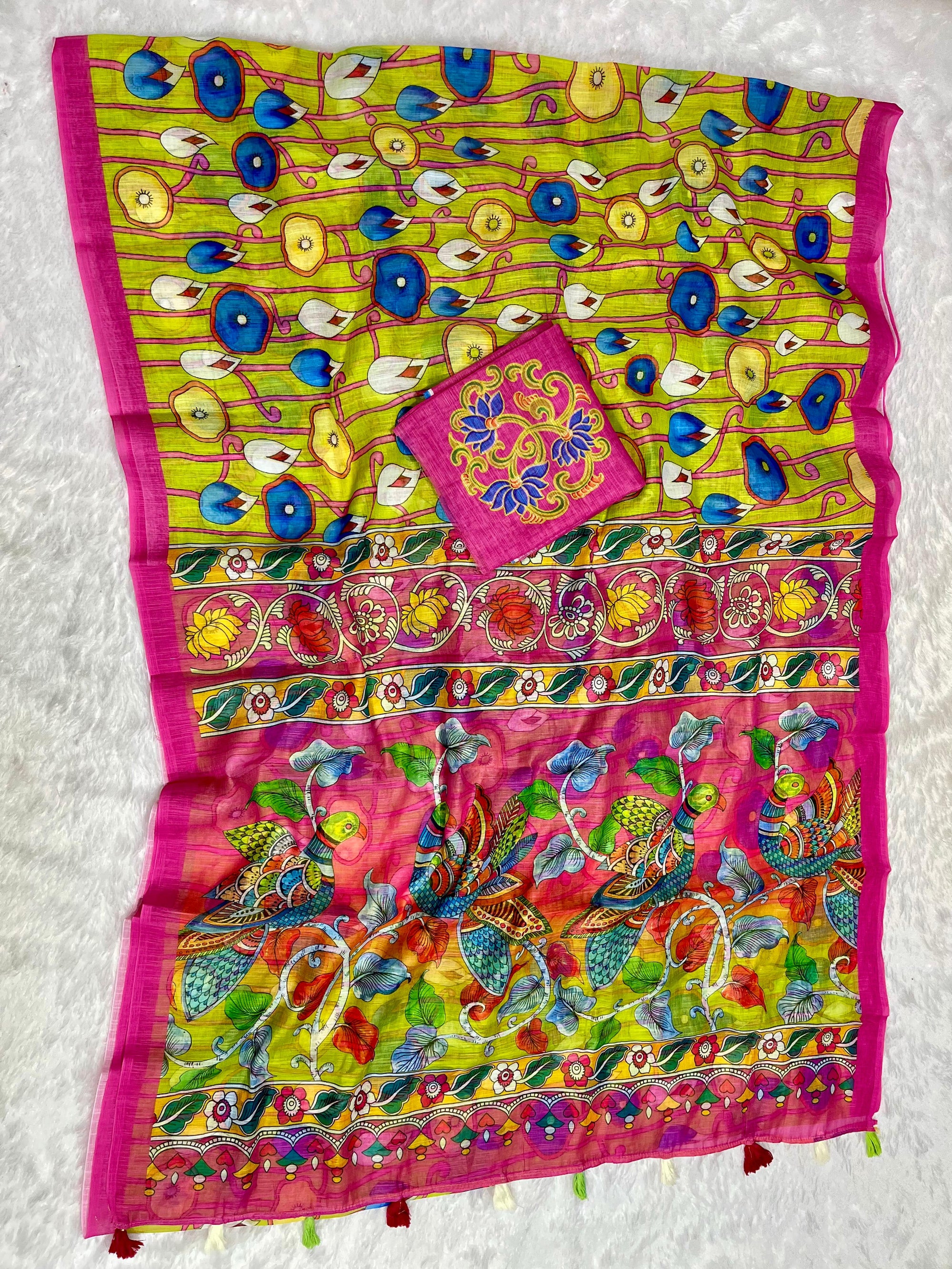 Green Linen Cotton Saree with Kalamkari Digital Prints & Designer Blouse