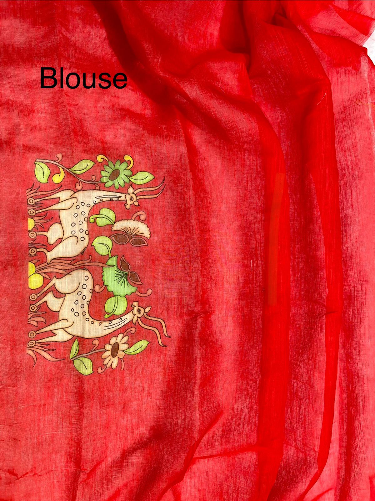 Royal Blue Linen Cotton Saree with Kalamkari Digital Prints & Designer Blouse