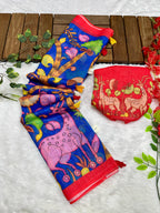Royal Blue Linen Cotton Saree with Kalamkari Digital Prints & Designer Blouse