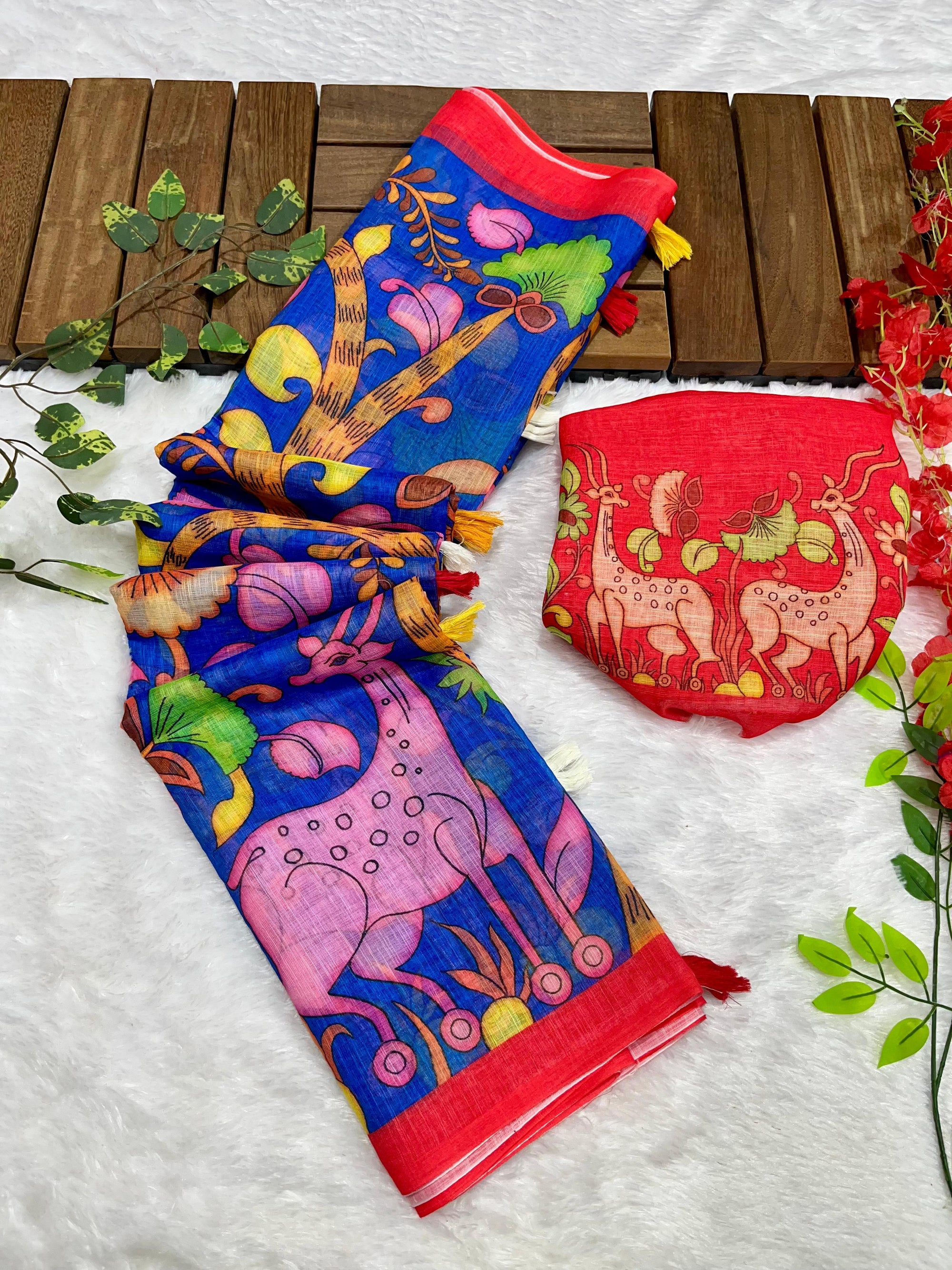 Royal Blue Linen Cotton Saree with Kalamkari Digital Prints & Designer Blouse