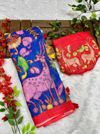 Royal Blue Linen Cotton Saree with Kalamkari Digital Prints & Designer Blouse