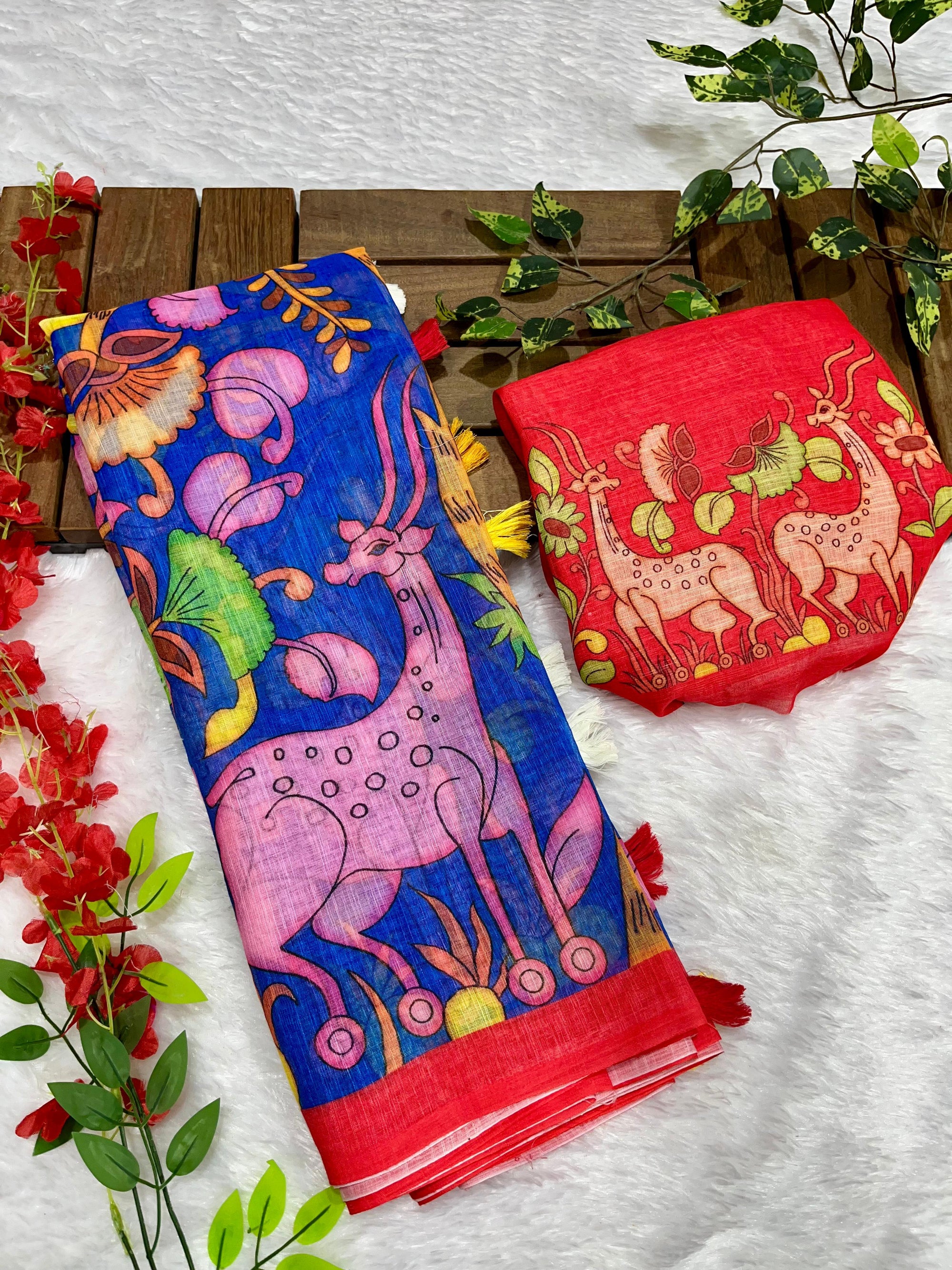 Royal Blue Linen Cotton Saree with Kalamkari Digital Prints & Designer Blouse