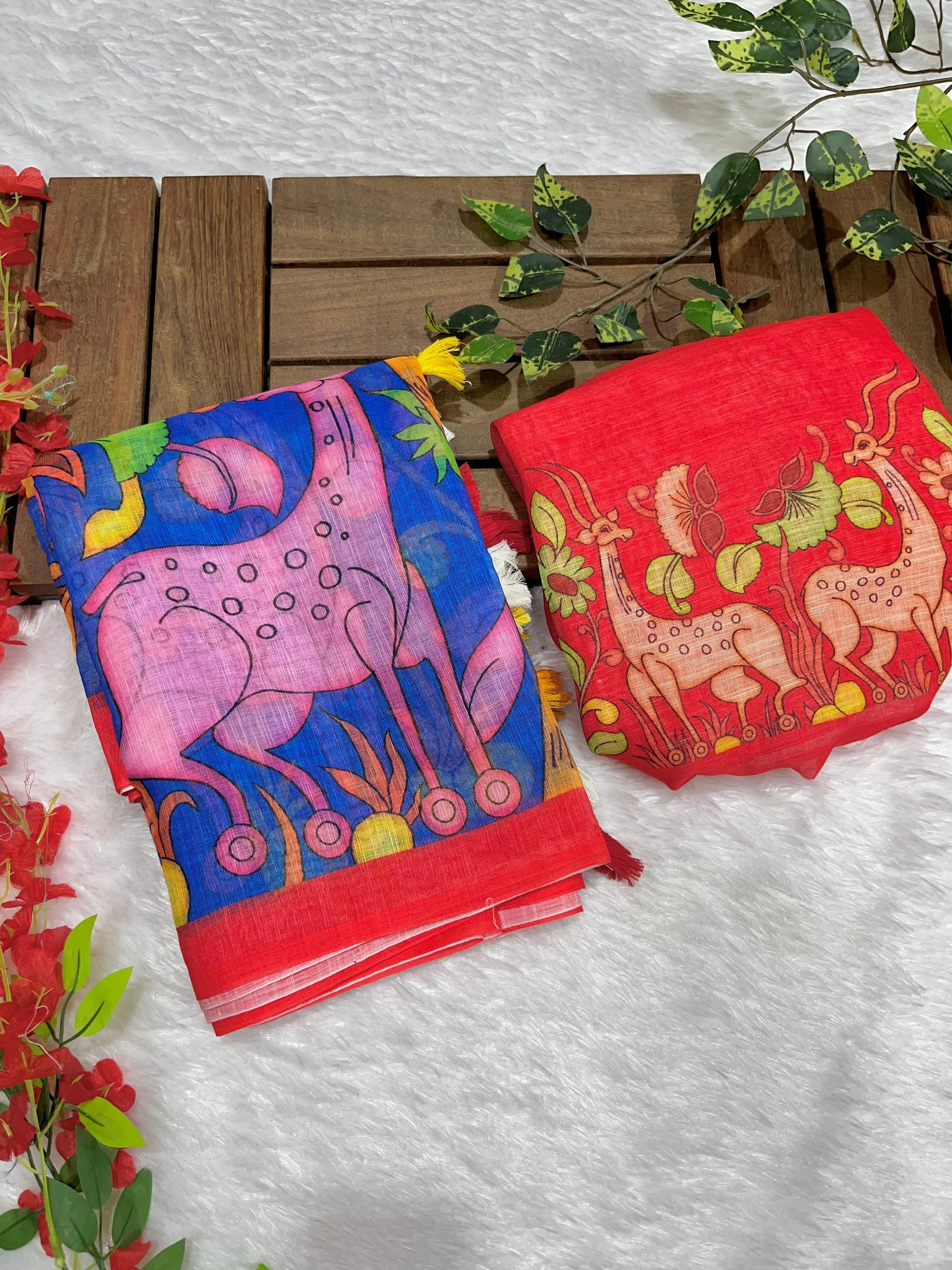 Royal Blue Linen Cotton Saree with Kalamkari Digital Prints & Designer Blouse