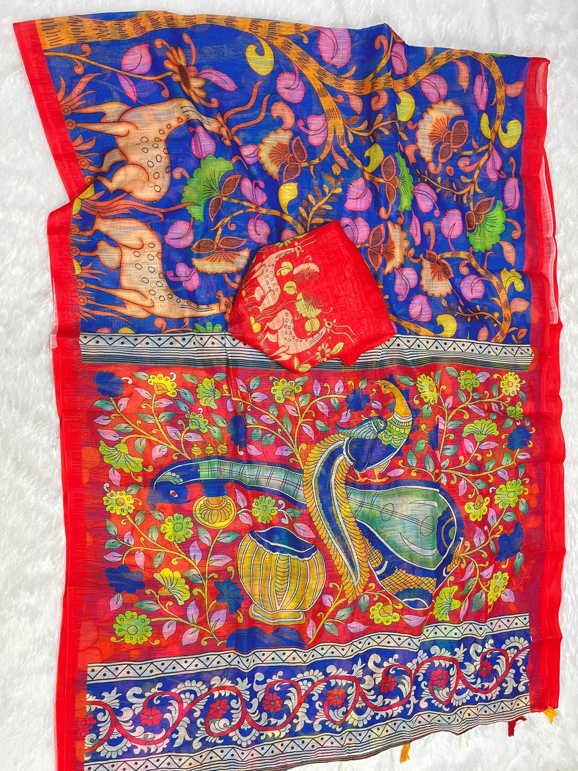 Royal Blue Linen Cotton Saree with Kalamkari Digital Prints & Designer Blouse